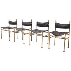 Luciano Frigerio Set of 4 Mid-Century Chairs in Brass and Leather Italy 1970s