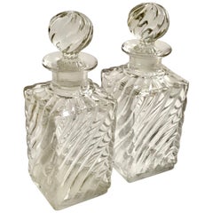 Pair of Antique Square Base Crystal Bamboo Swirl Perfume Bottles By Baccarat
