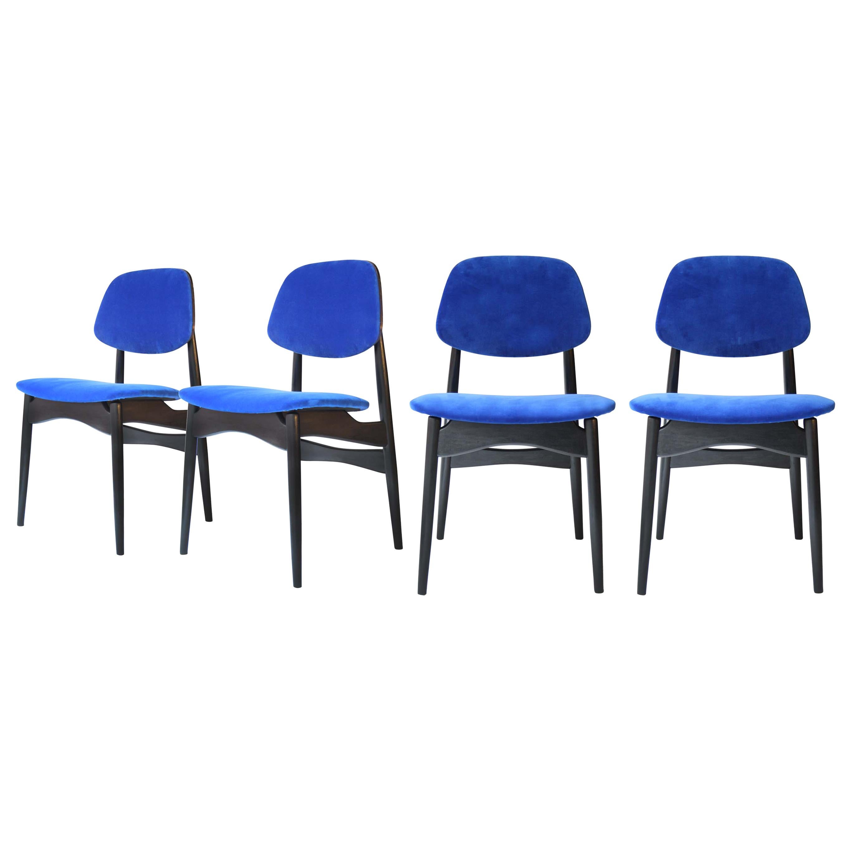 Midcentury Modern Blue Velvet Black Wood Italian Set Four Chairs, 1950