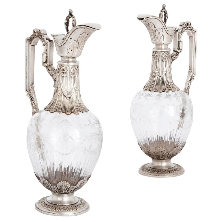 Two Silver Mounted Engraved Glass Wine Jugs by Gross For Sale