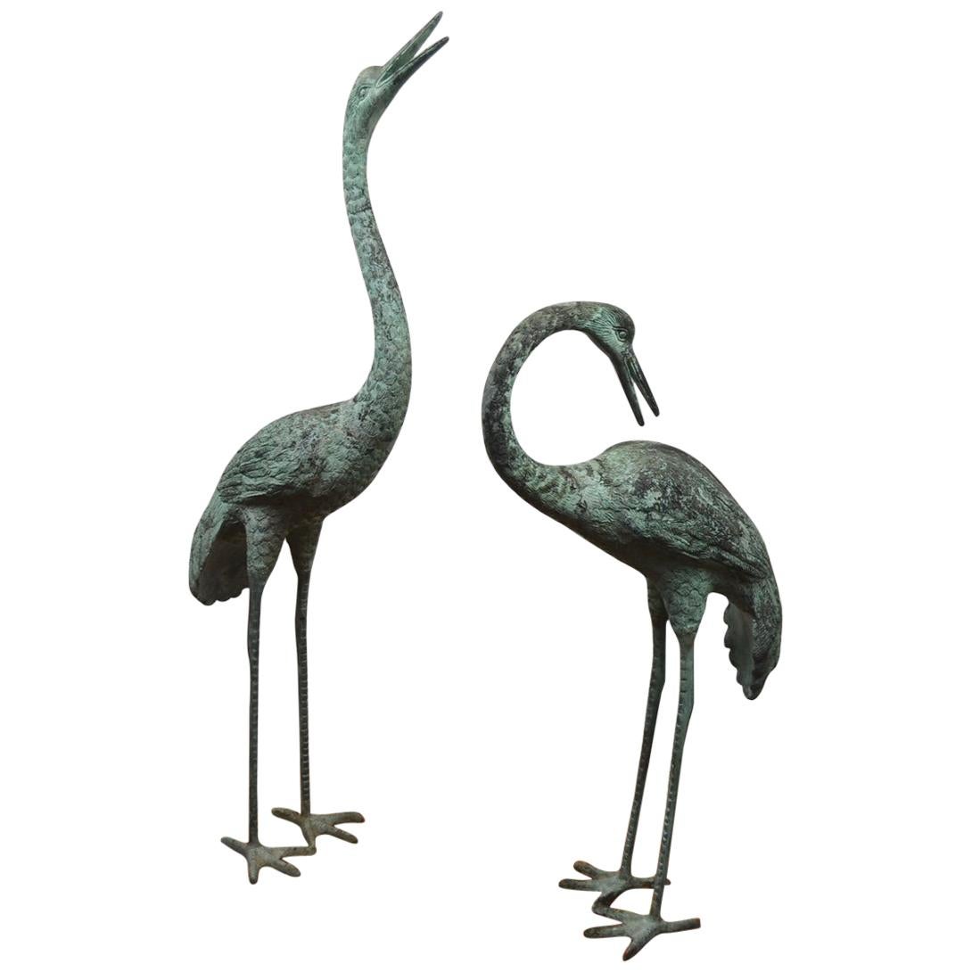 Pair of Big Vintage Green Patinated Bronze Sculptures of Crane Birds