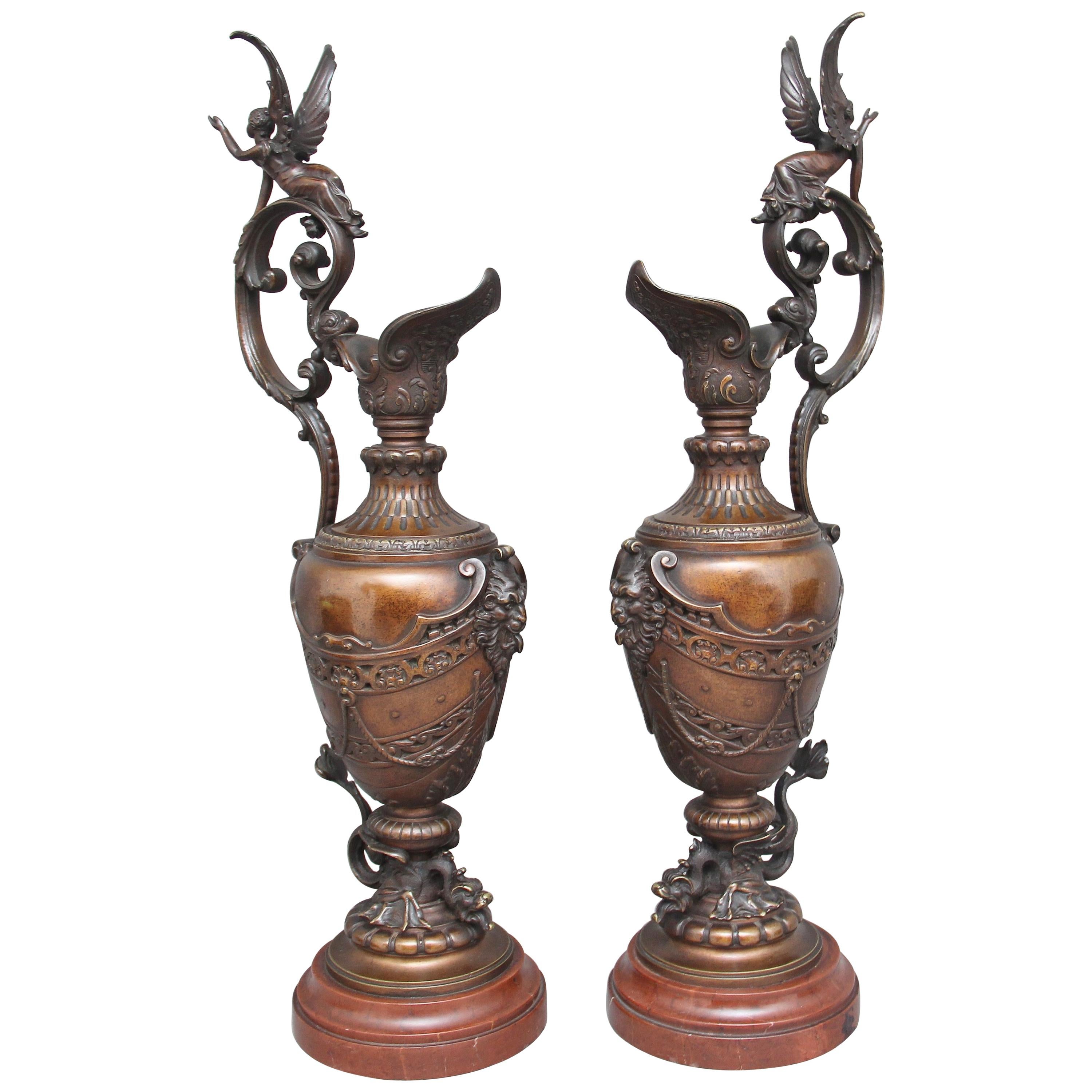 Pair of 19th Century Bronze and Marble Ewers