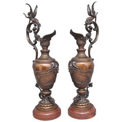 Pair of 19th Century Bronze and Marble Ewers