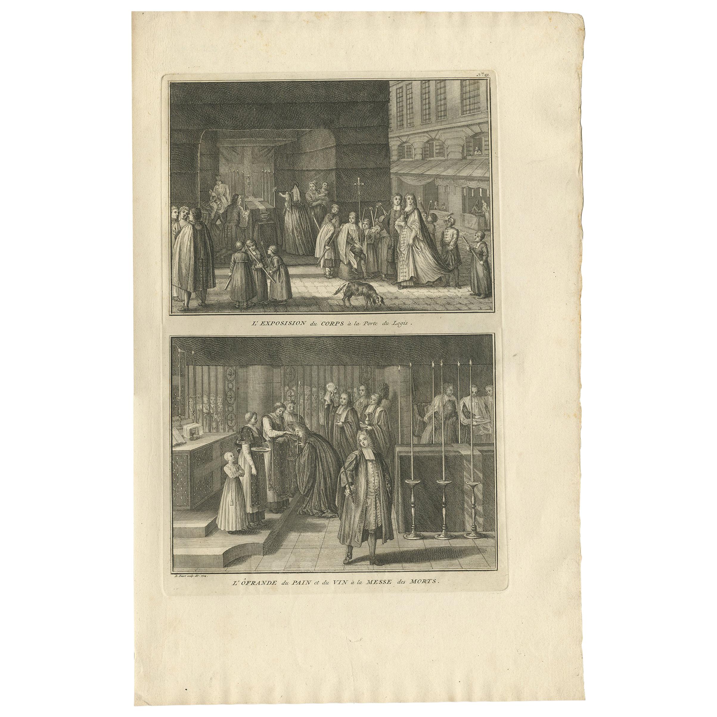Antiker antiker Druck einer Trauerprozession von Picart, um 1725