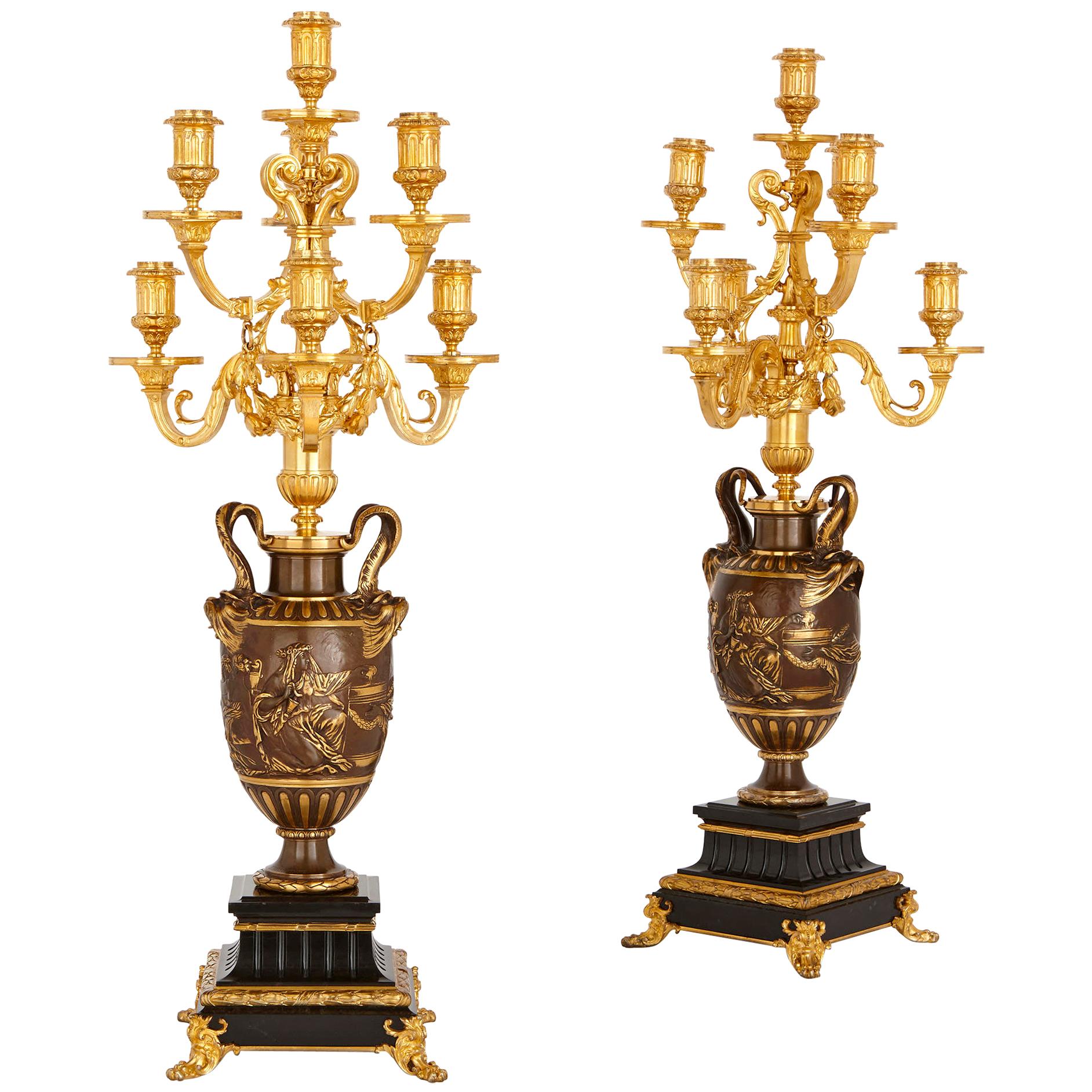 Neoclassical Style Marble, Gilt and Patinated Bronze Candelabra by Barbedienne 