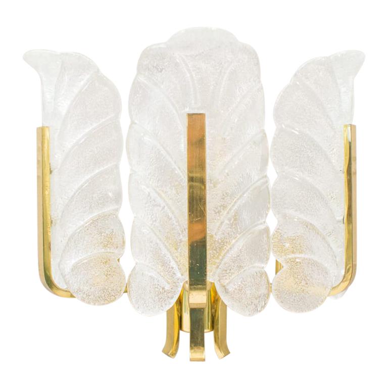 Rare Carl Fagerlund Orrefors Chandelier Glass Leaves and Brass Wall Lamp 1960s