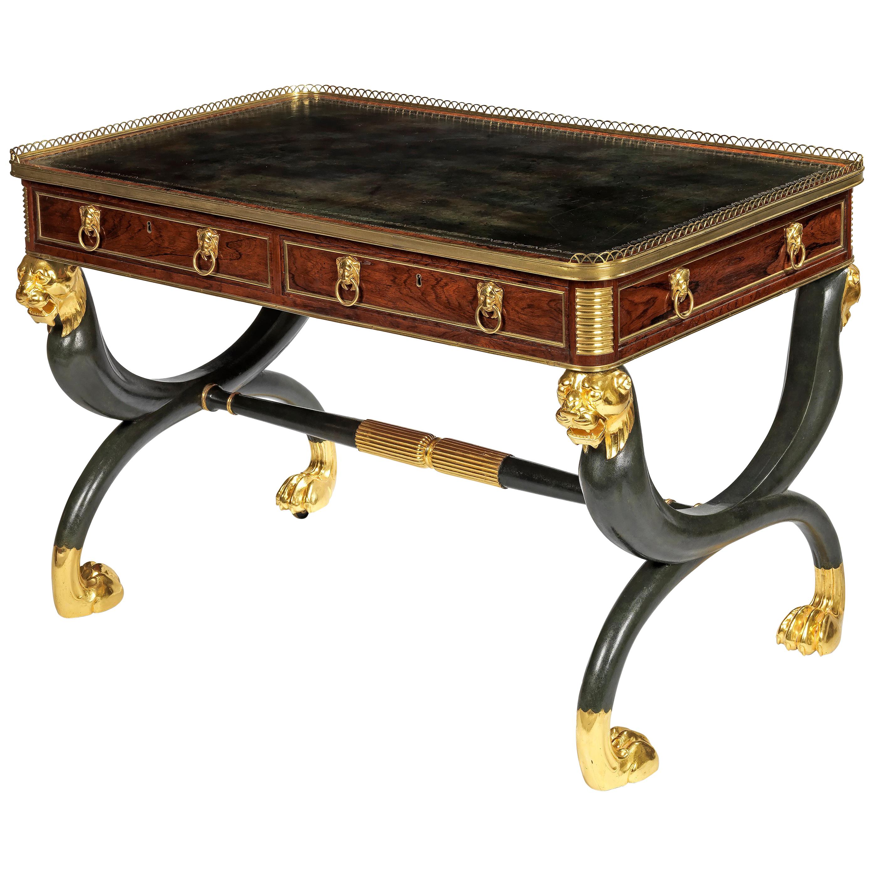 Regency Brass-Mounted Rosewood, Ebonized and Parcel-Gilt Writing Table For Sale