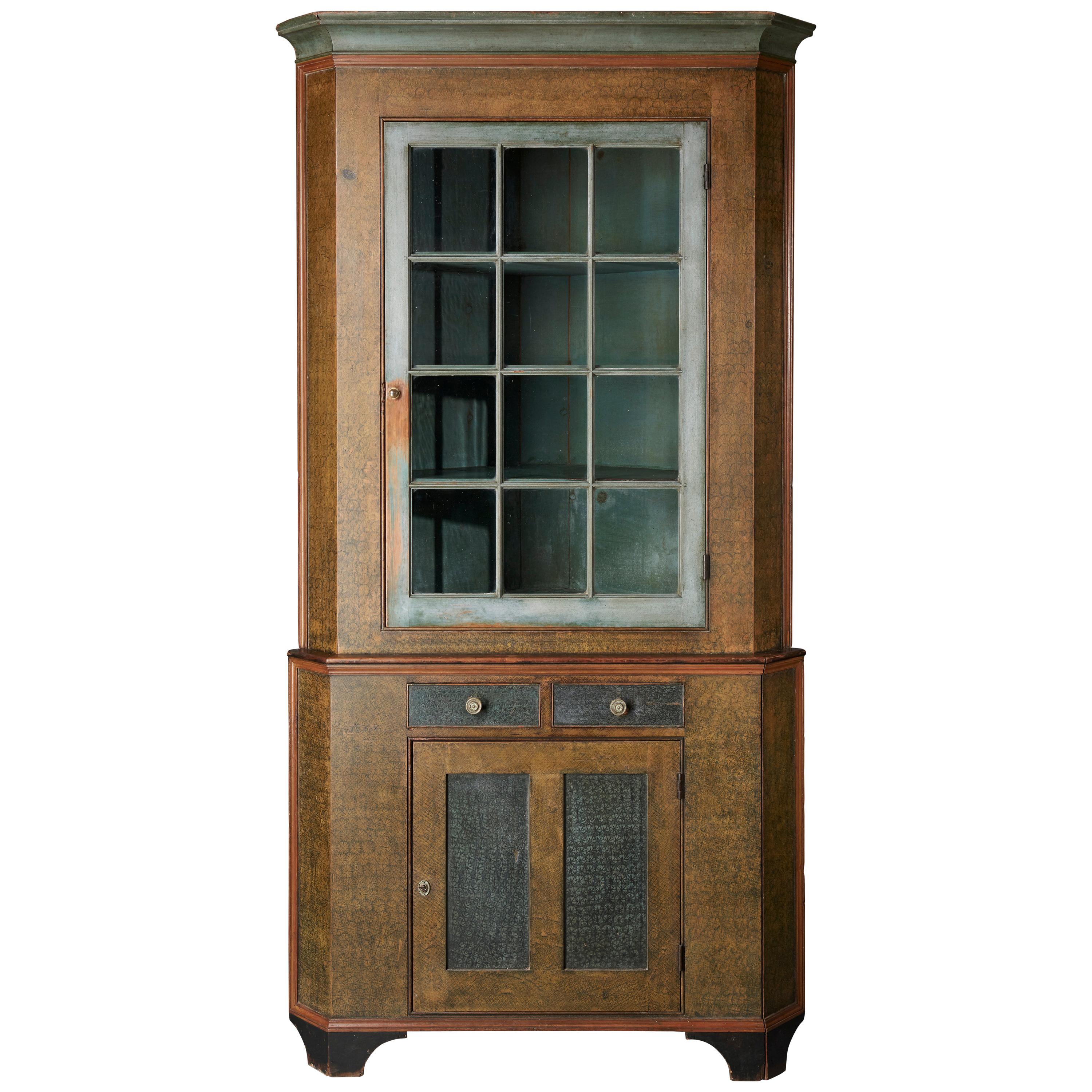 Paint Decorated Corner Cupboard from Pennsylvania For Sale