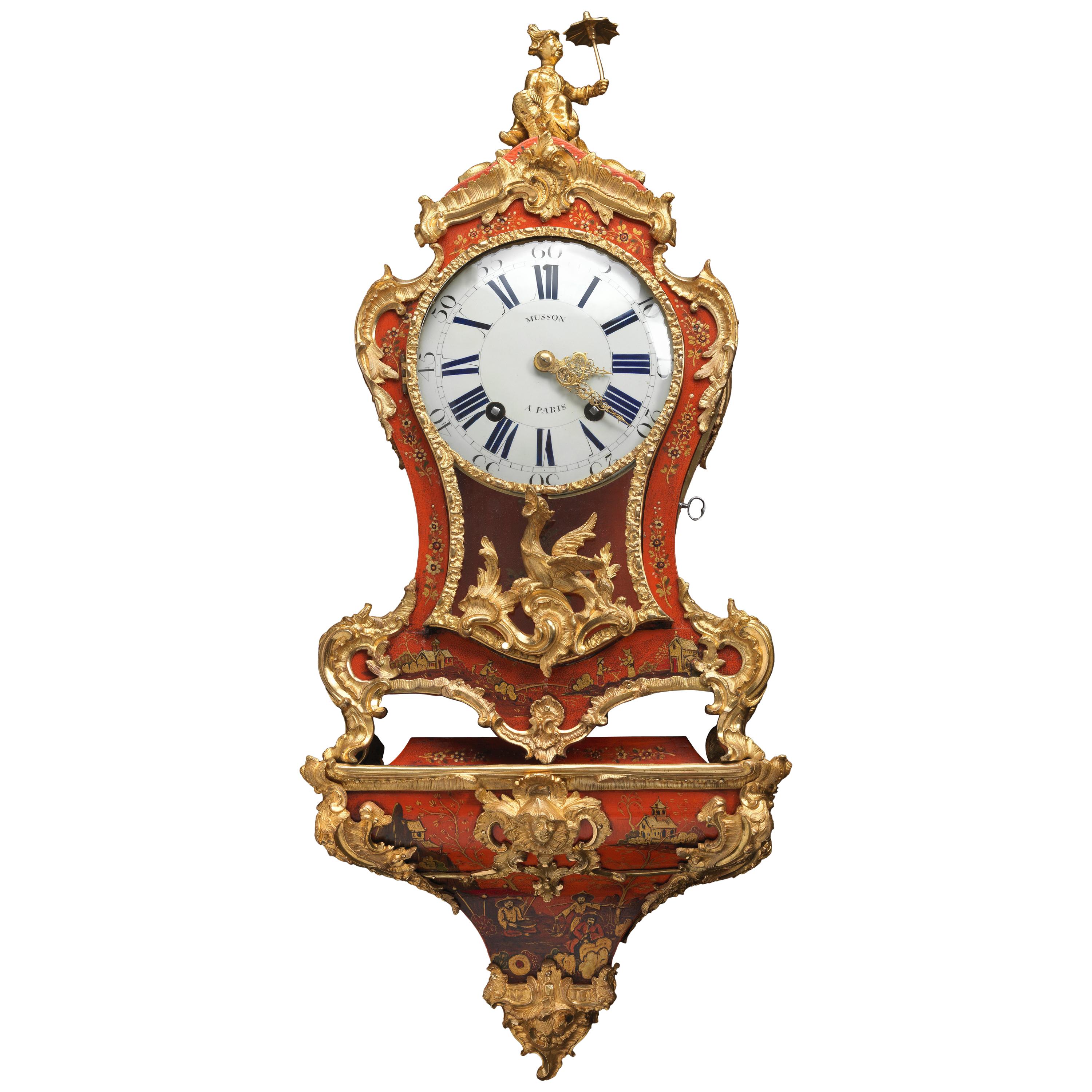 Louis XV Small Ormolu-Mounted Red Lacquer Bracket Clock, Pierre Musson, Paris For Sale