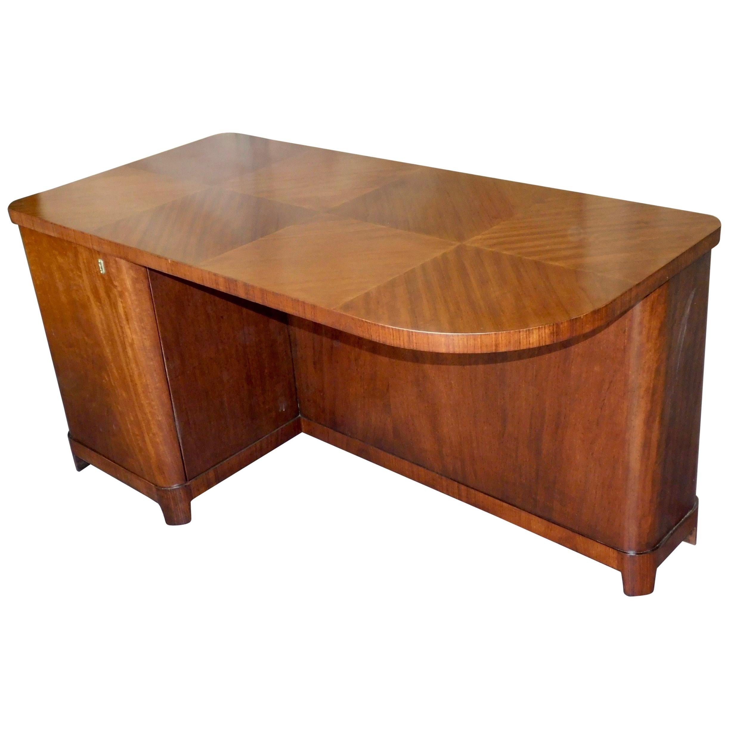 Swedish Art Moderne Desk in Flame Mahogany with Built-In Bookcase, circa 1940 For Sale