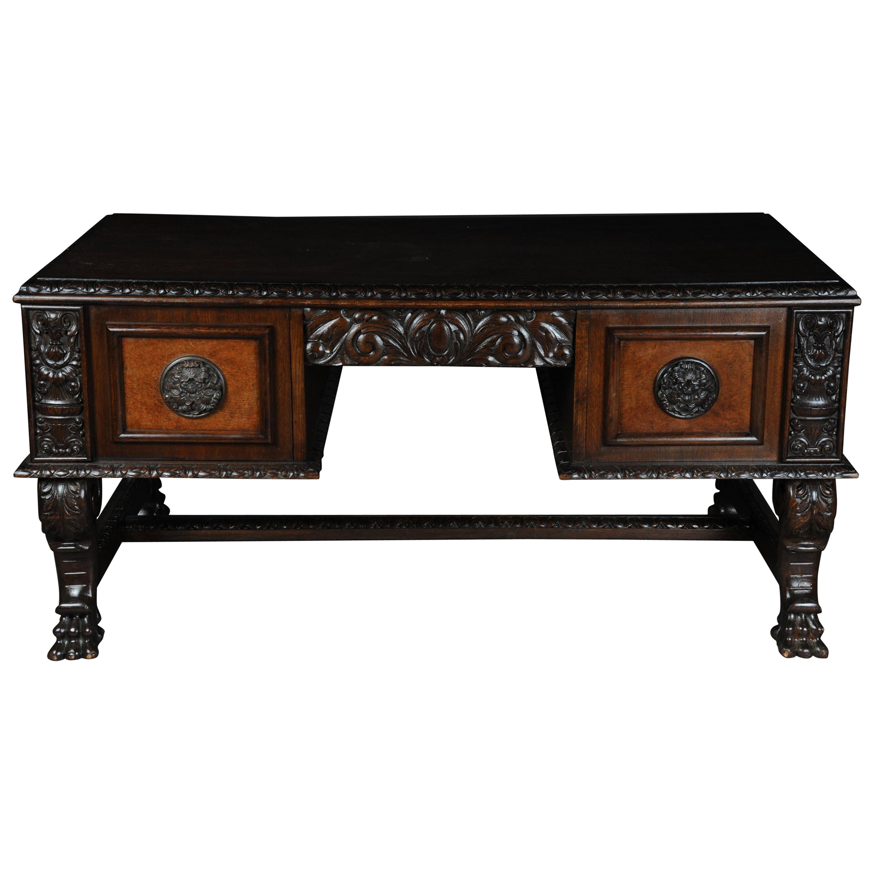 20th Century Lordly Historicism Desk Solid Oak with Walnut Veneer For Sale