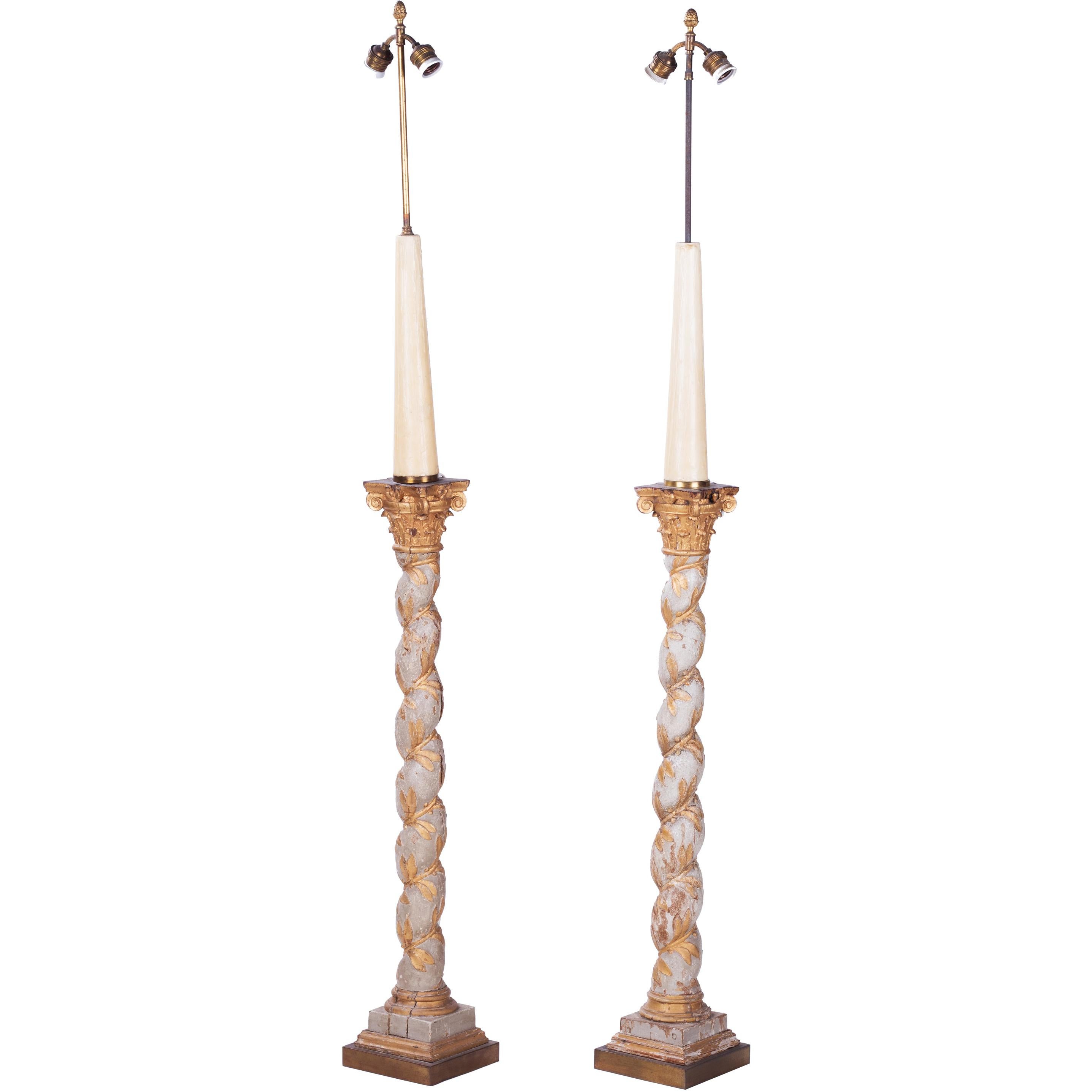 1960s Pair of French Polychrome Hand Carved Wooden Standing Lamps
