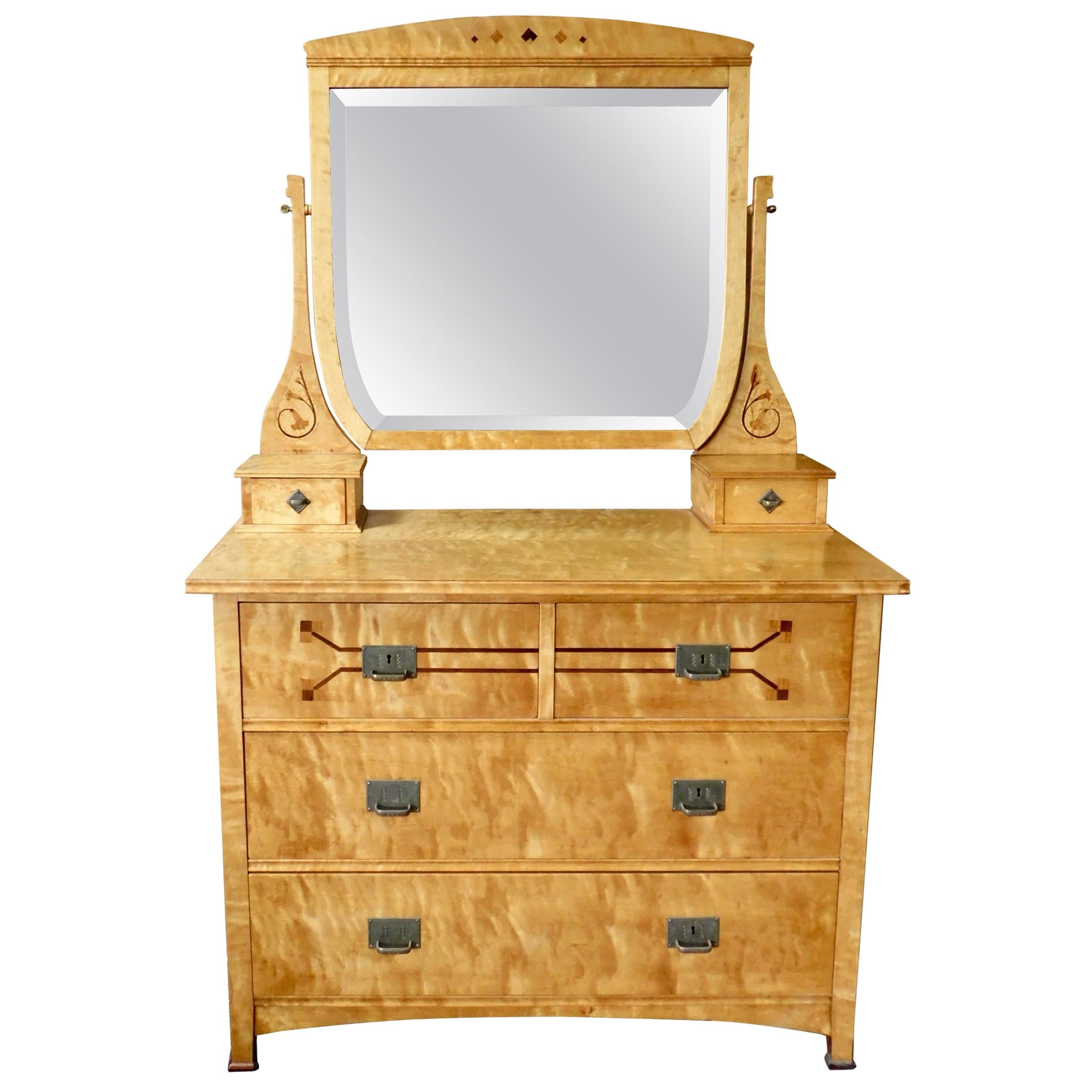 Swedish Arts and Crafts Chest of Drawers with Tilting Mirror in Golden Birch  For Sale