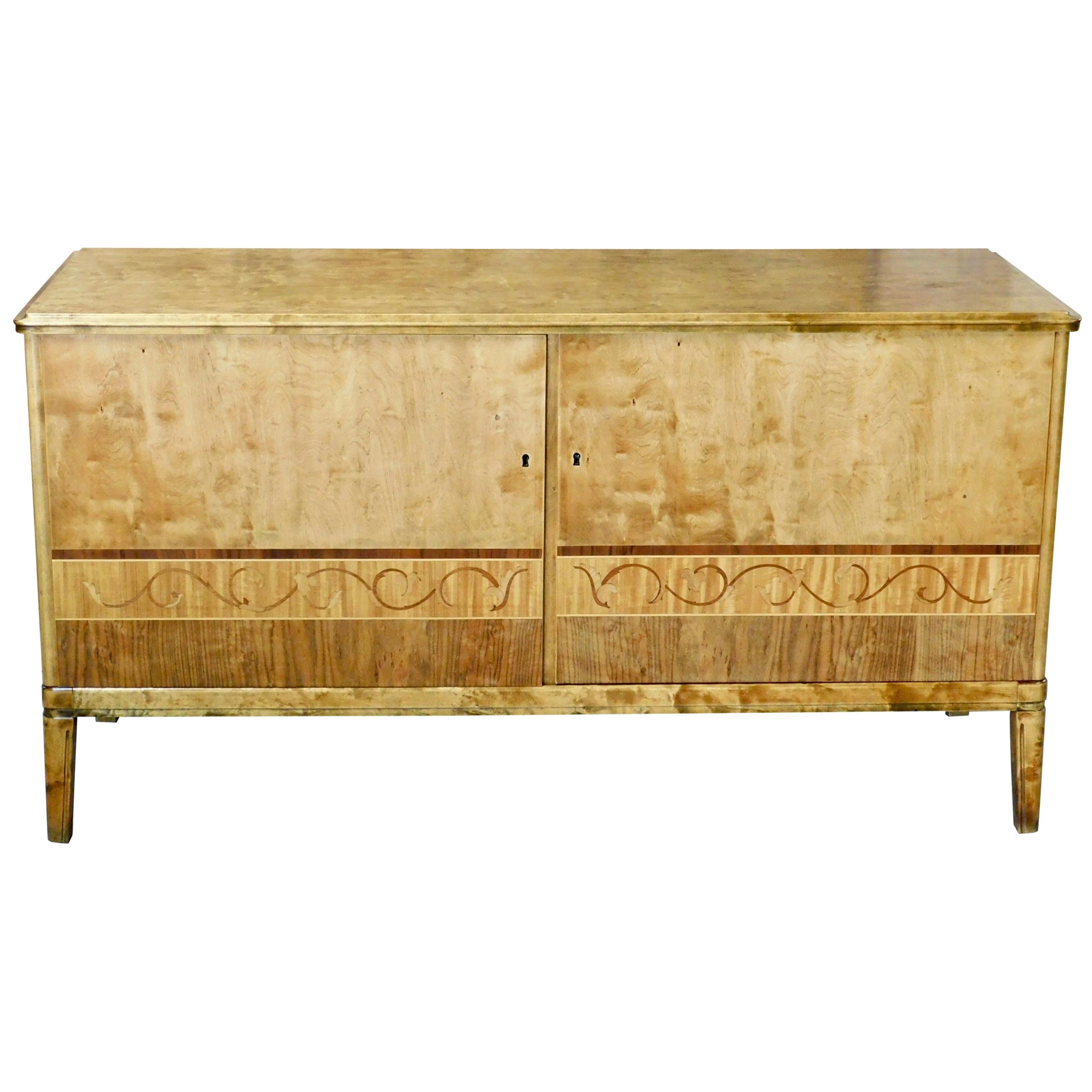 Swedish Art Deco Sideboard Cabinet in Golden Birch with Rosewood Inlay, 1930s For Sale