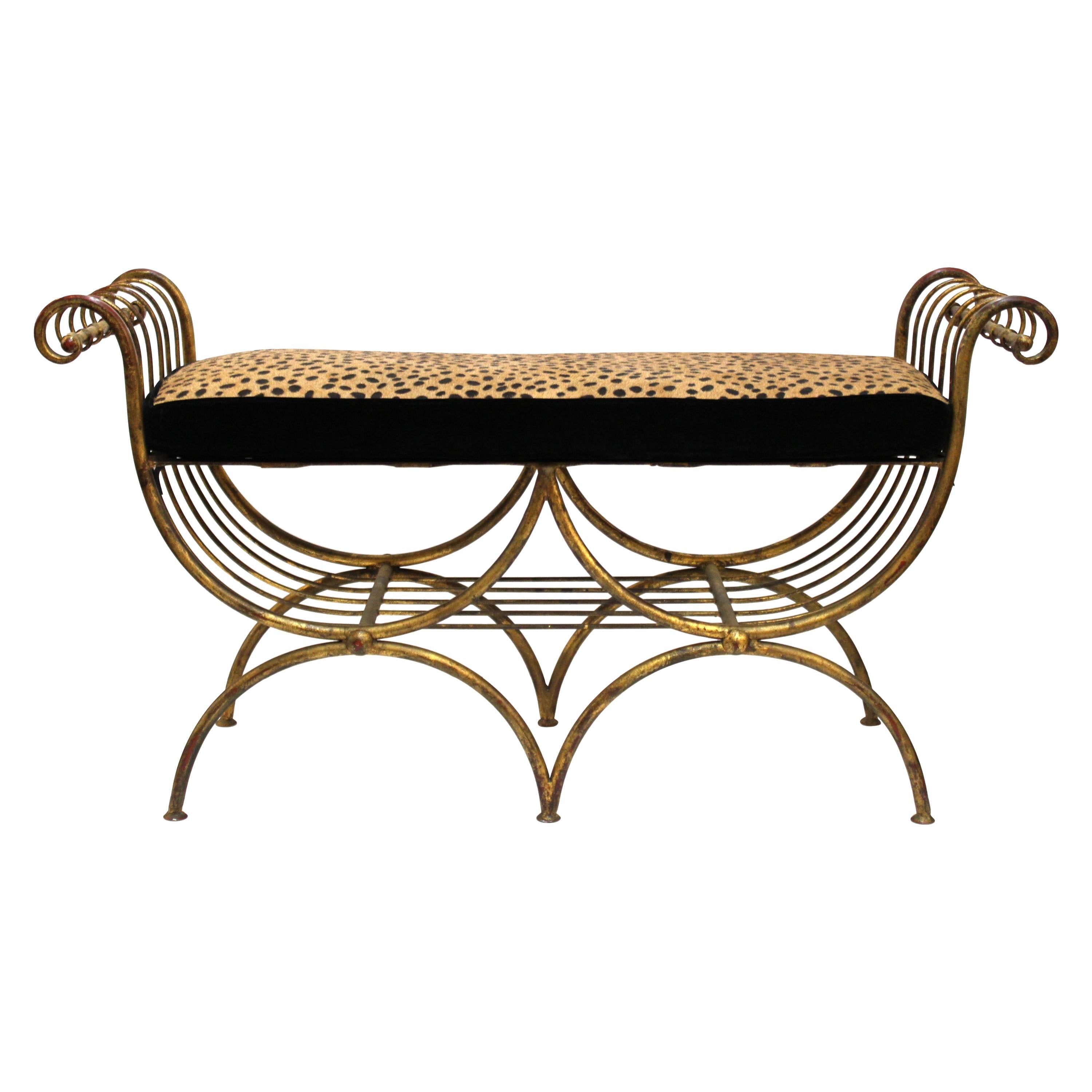 Italian Mid-Century Modern Bench in Gilt Iron with Faux Leopard Leather Seat