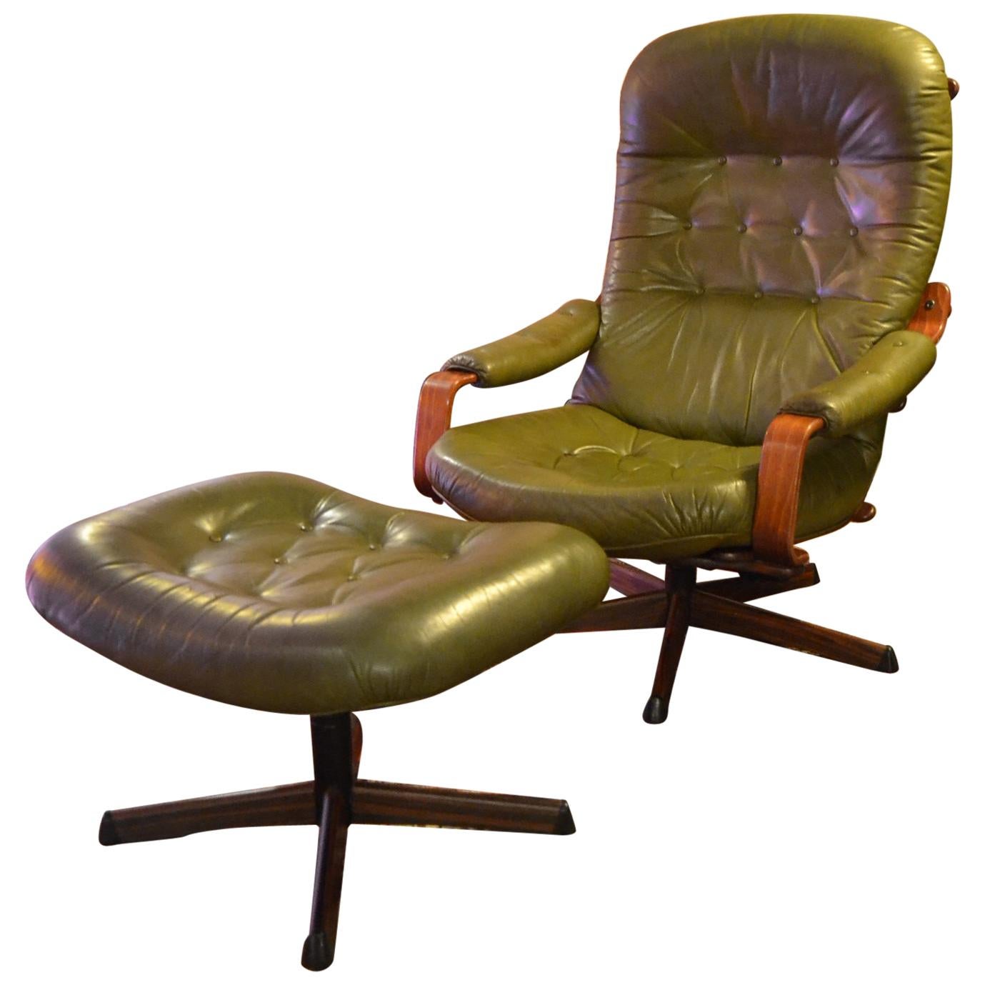 Swedish Green Leather Swivel Chair and Ottoman by Göte Möbel Sweden, 1970s
