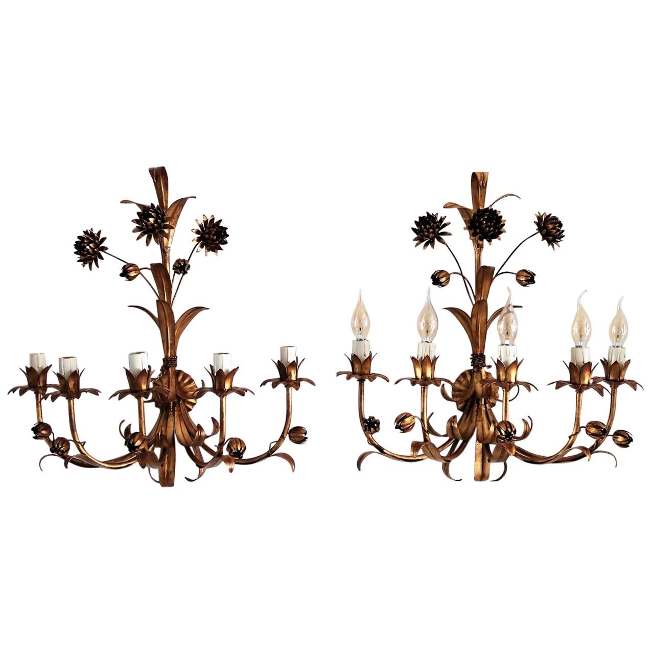 Italian Floral Gilt Patinated Metal Wall Sconces or Wall Lights, 1970s