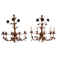 Italian Floral Gilt Patinated Metal Wall Sconces or Wall Lights, 1970s