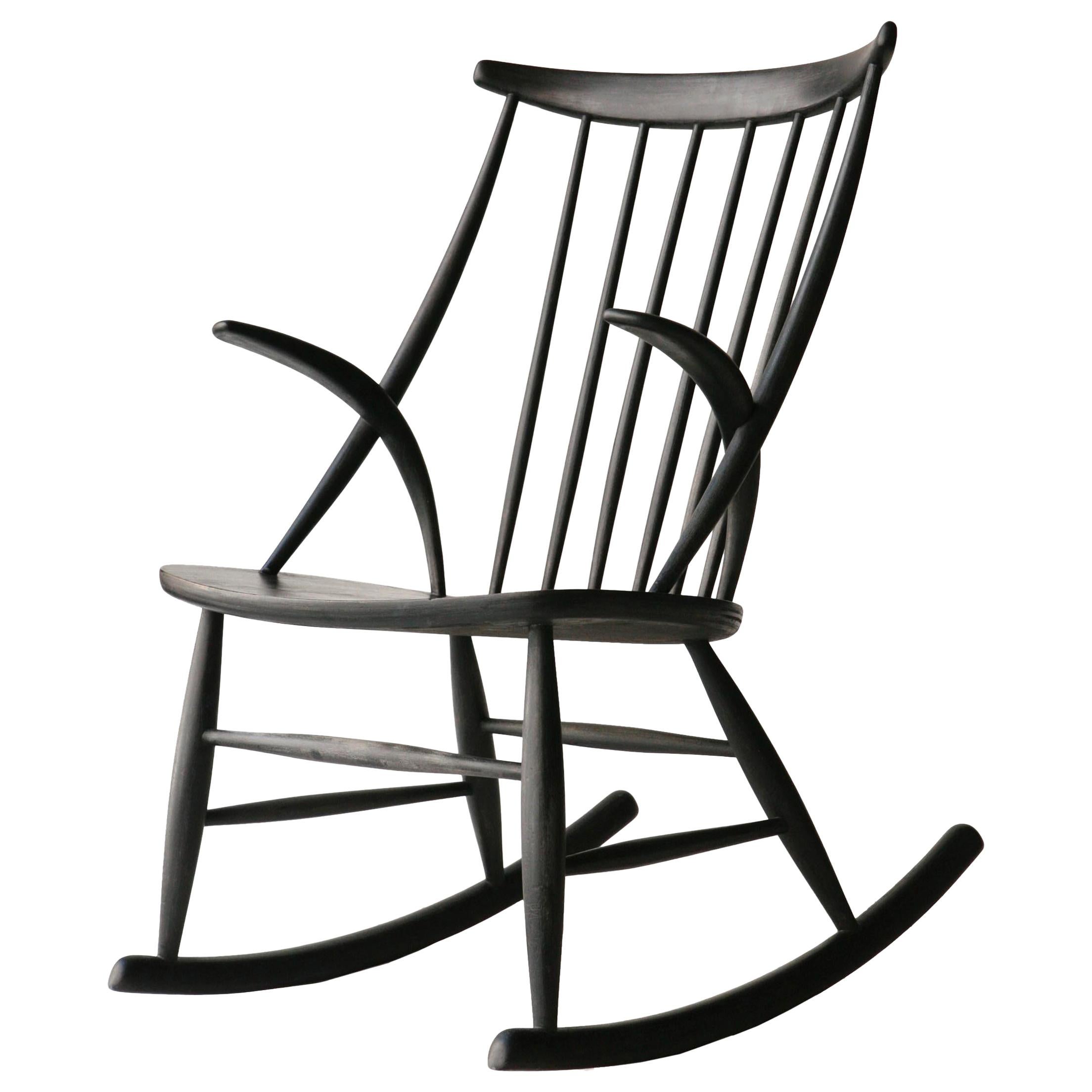 Illum Wikkelsø Scandinavian Black Oak Danish Rocking Chair, Denmark, 1958