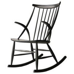 Retro Illum Wikkelsø Scandinavian Black Oak Danish Rocking Chair, Denmark, 1958