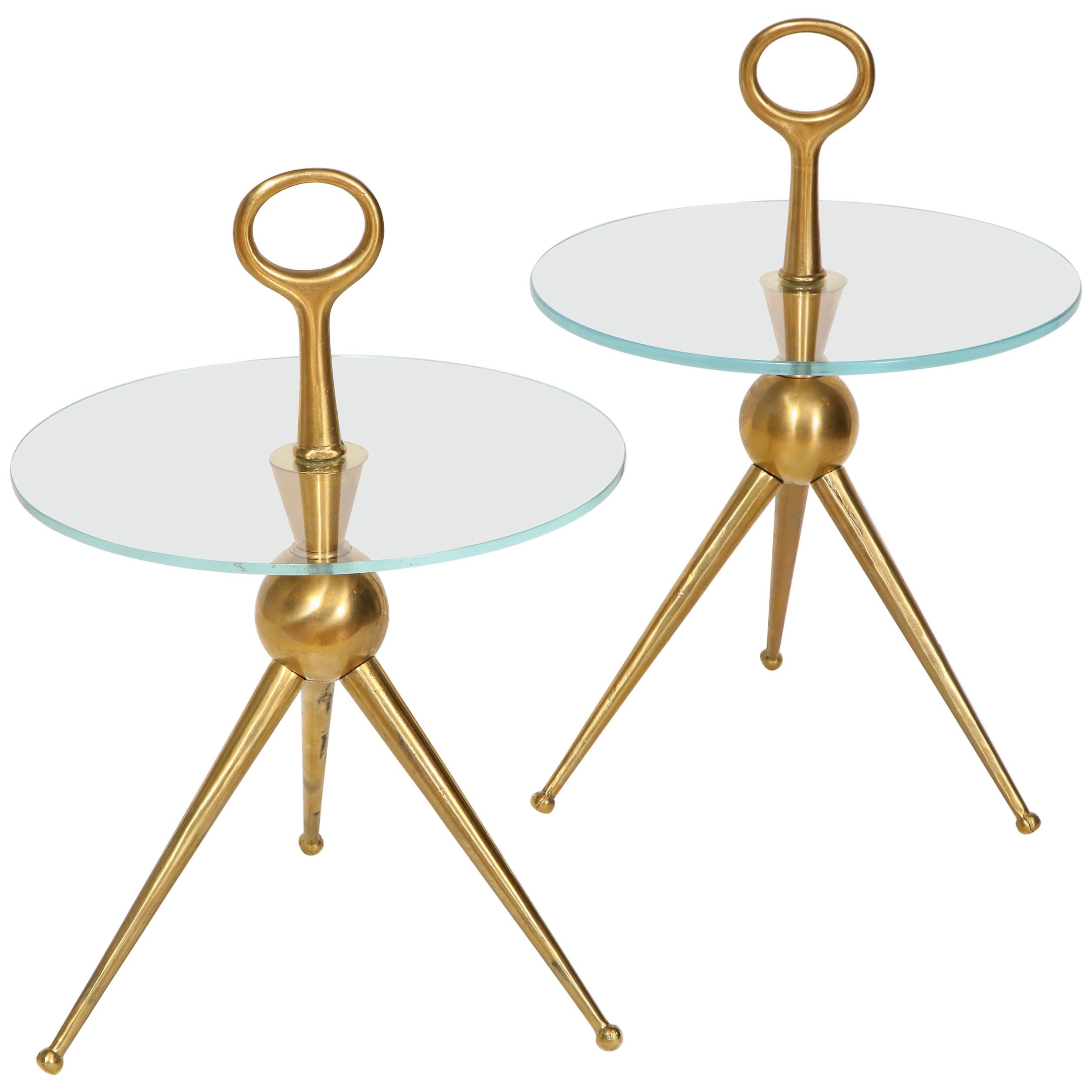 Pair of Handcrafted Bronze and Glass Tripod Martini Side Tables, Italy