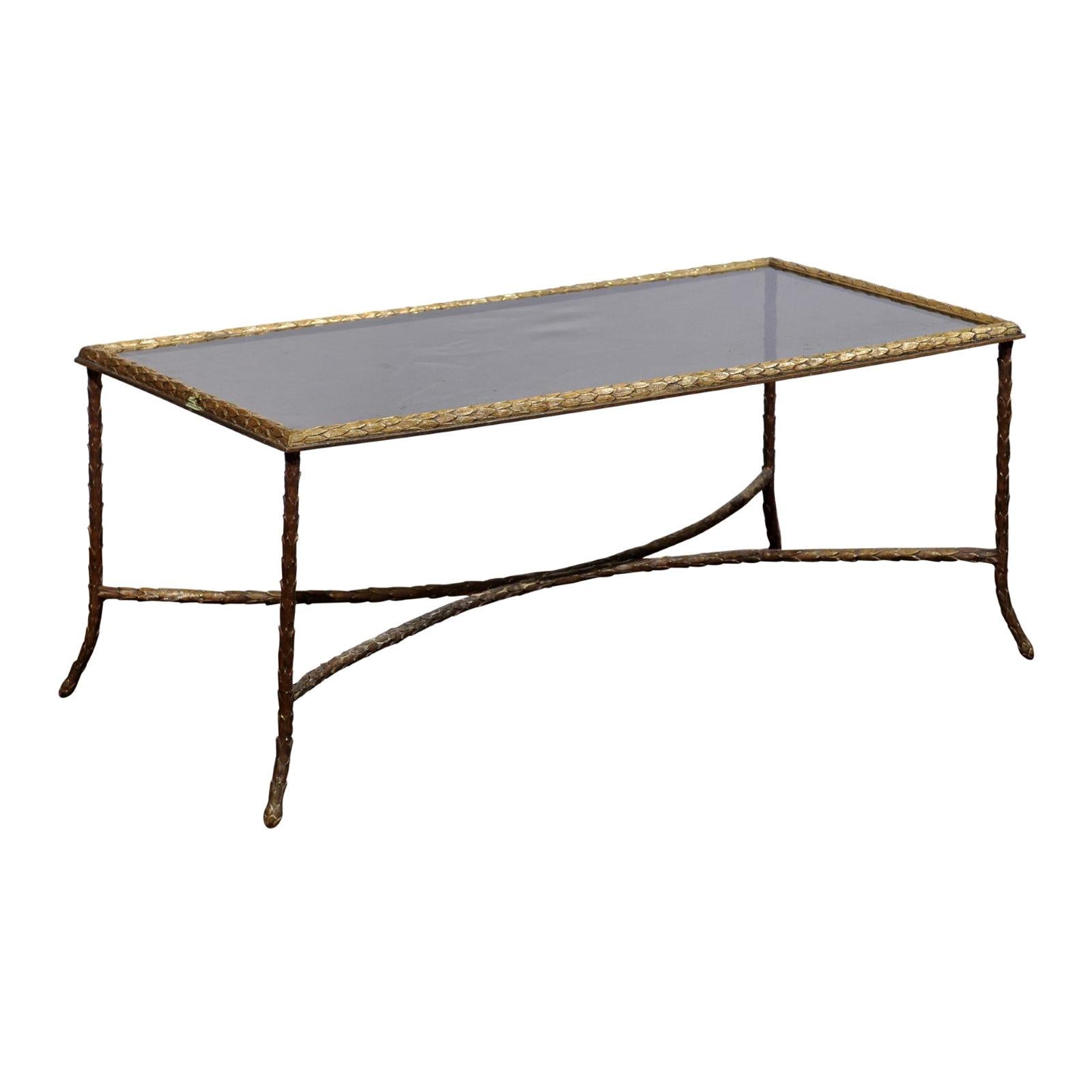 French 20th Century Bronze Coffee Table with Leafy Motifs and Glass Top