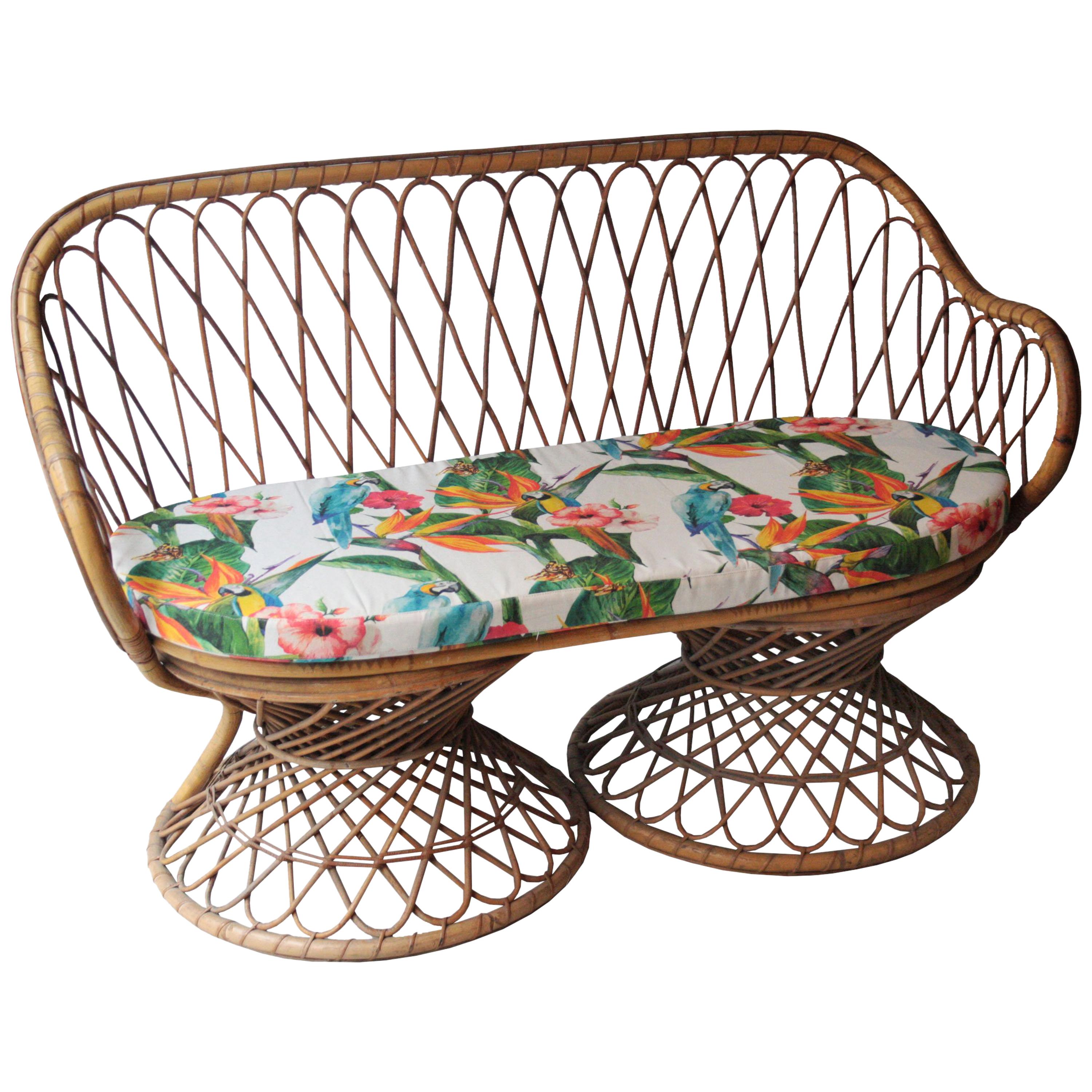 Midcentury Modern Multicolor Rattan Italian Bench to Rattan, Italy, 1950