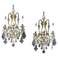 Antique Fine Pair of Late 19th Century Gilt Bronze and Crystal Four-Light Sconces