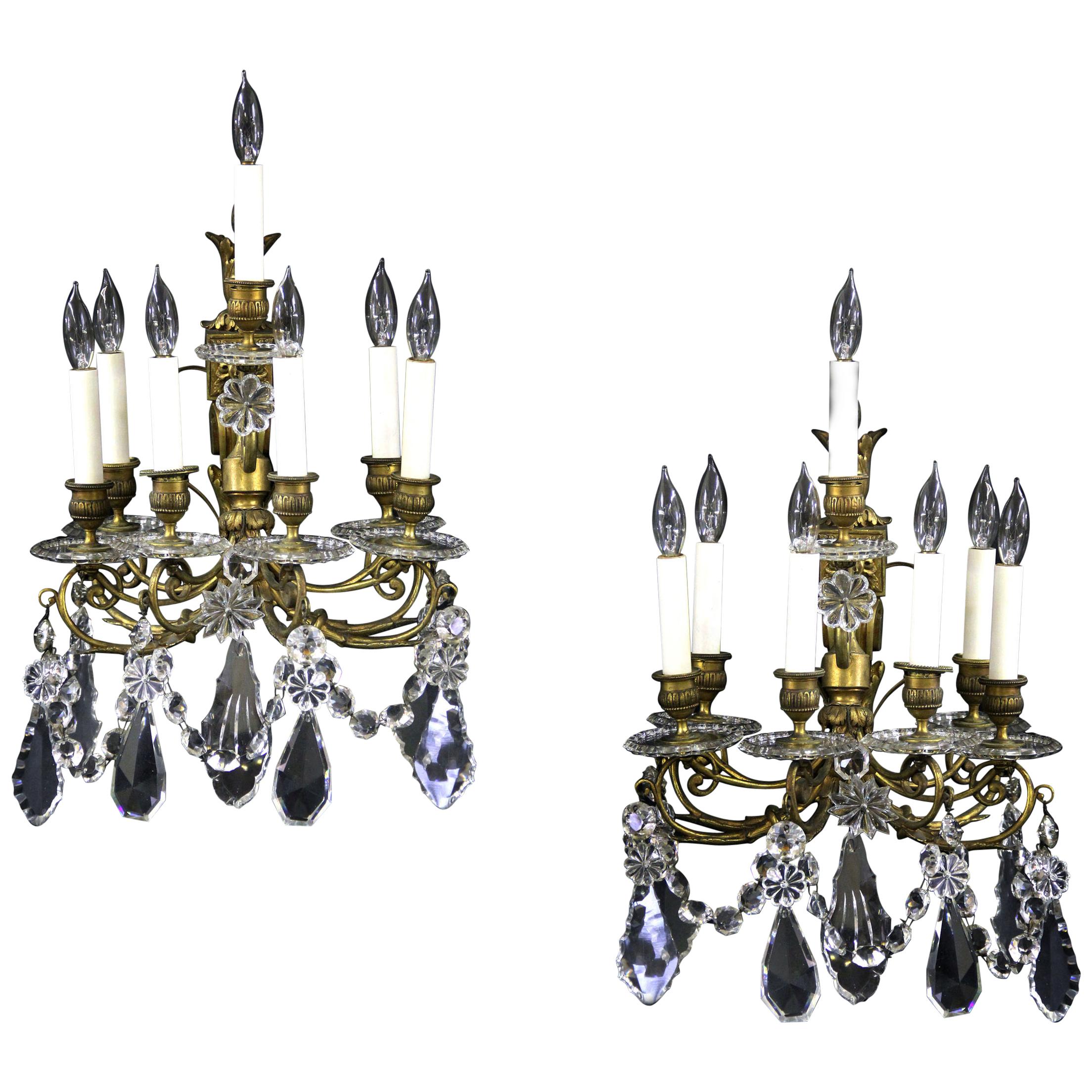 Beautiful Pair of Late 19th Century Gilt Bronze Crystal Seven Light Sconces