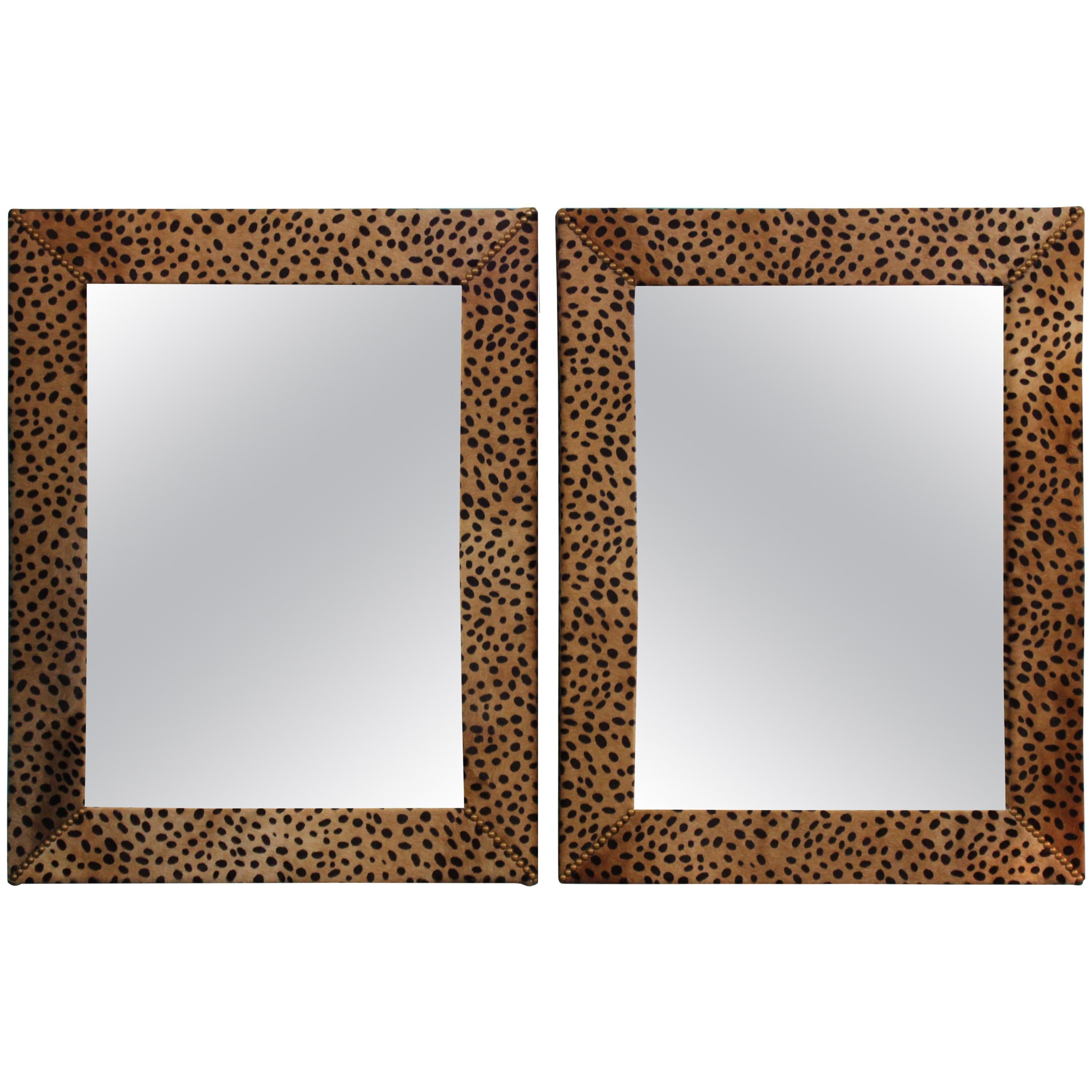 Mid-Century Modern Faux Leopard Leather Frame Mirrors