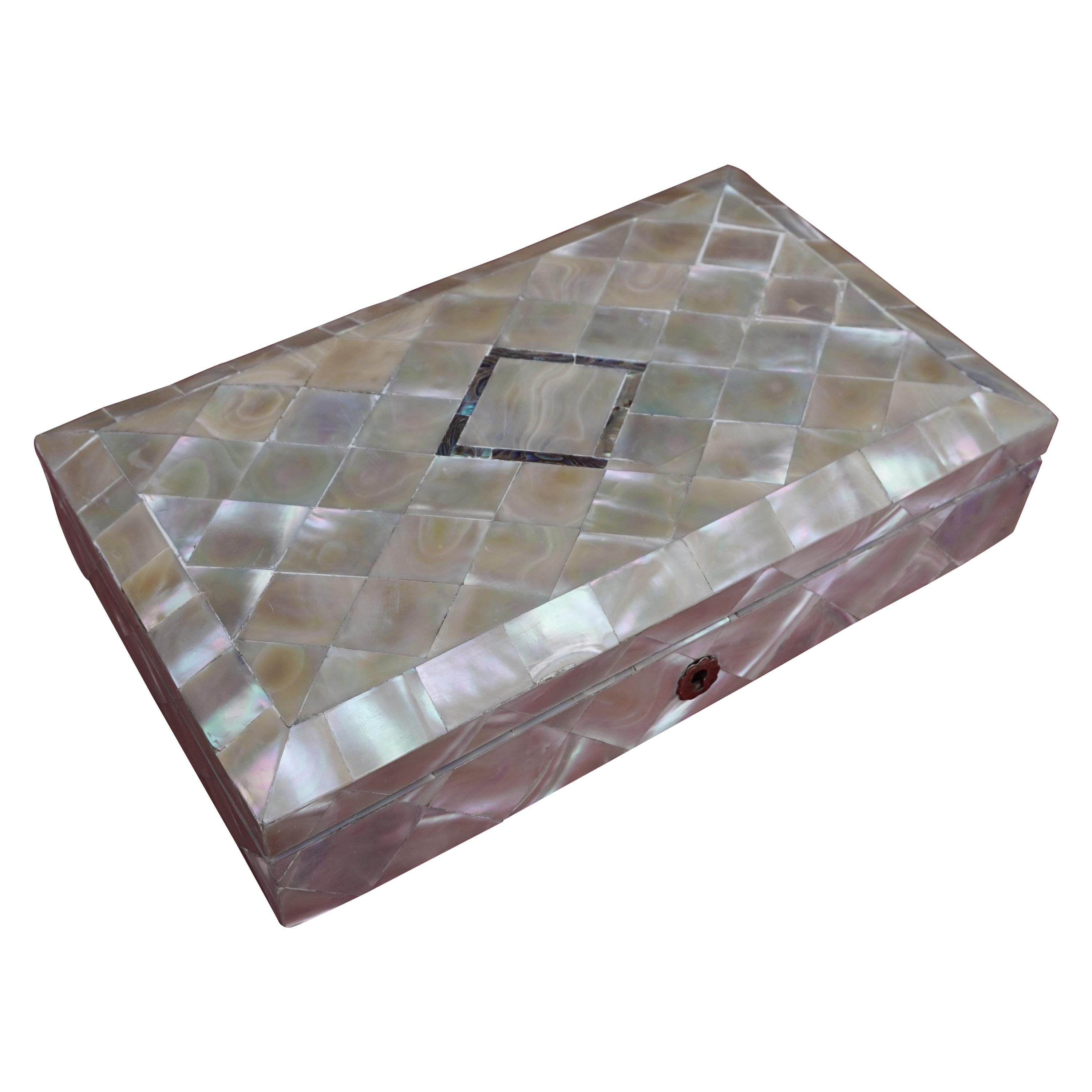 Antique and Museum Quality MotherofPearl Jewelry Box with Silver Lock