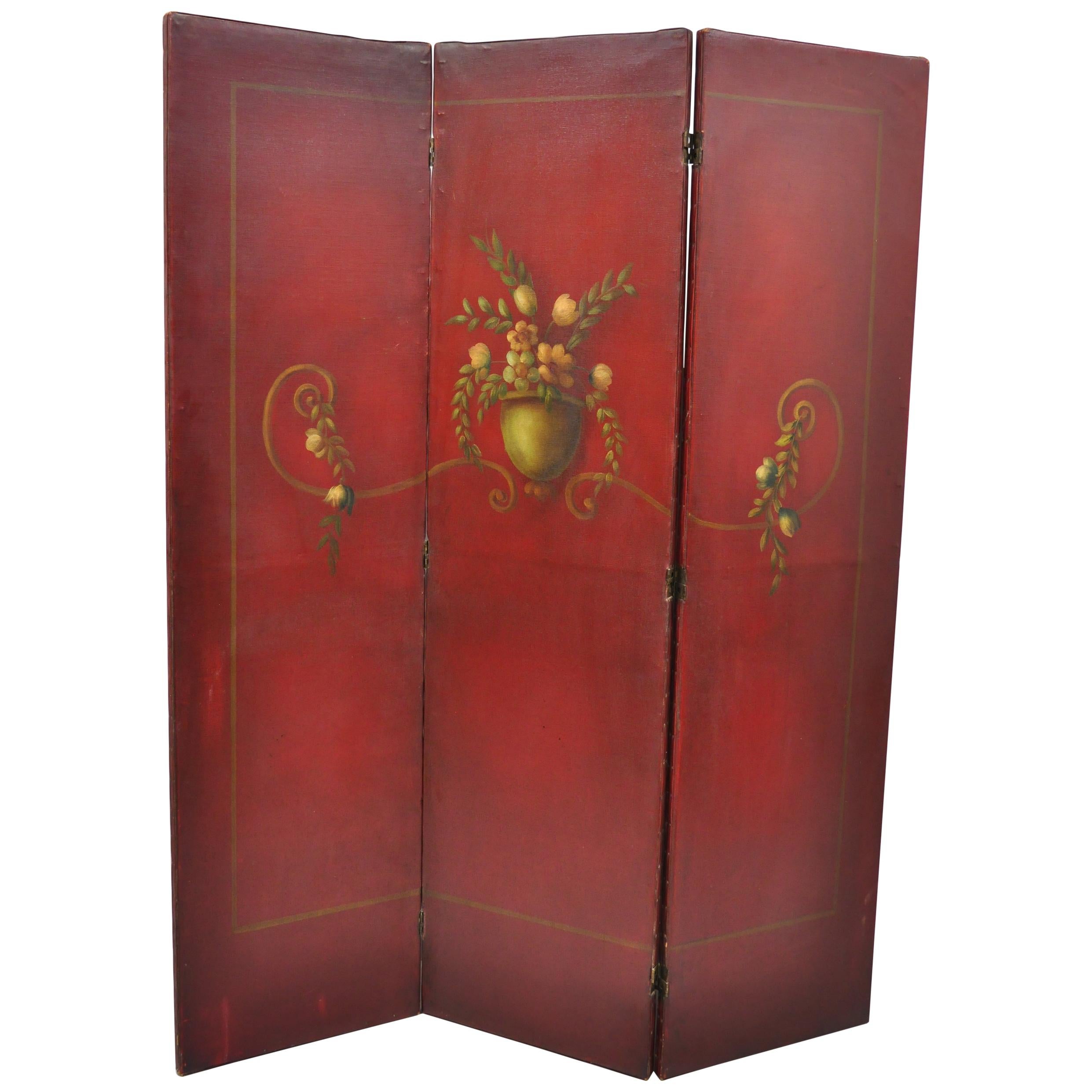 French Art Nouveau Red Oil on Canvas Hand Painted 3-Panel Dressing Screen