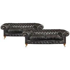 Pair of Victorian Three-Seat Walnut Chesterfield Sofas