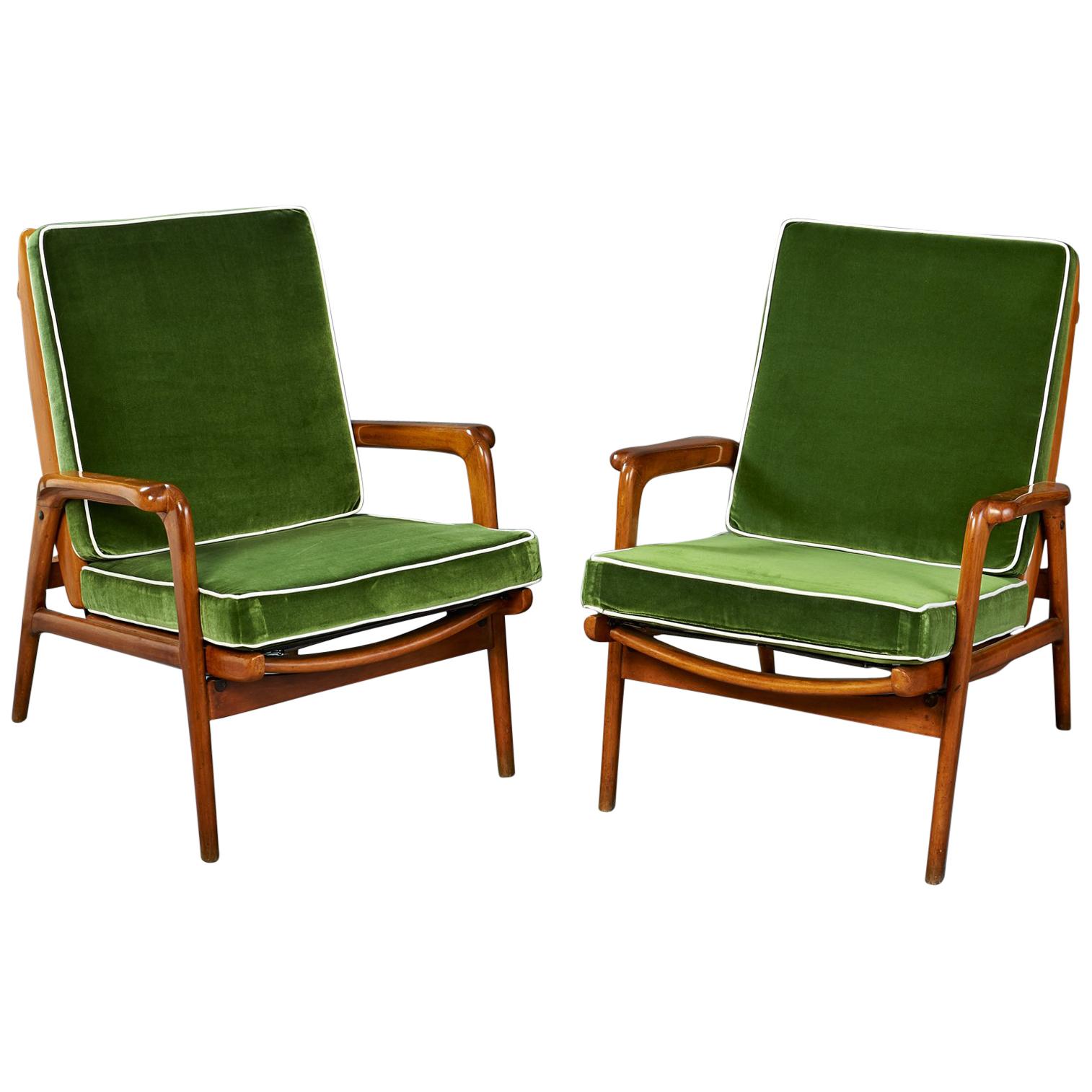 Pair of Reclining Wood Armchairs, Italy, 1950s