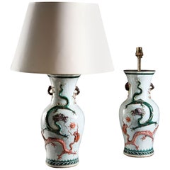 Pair of 19th Century White Ceramic Chinese Dragon Vases as Table Lamps
