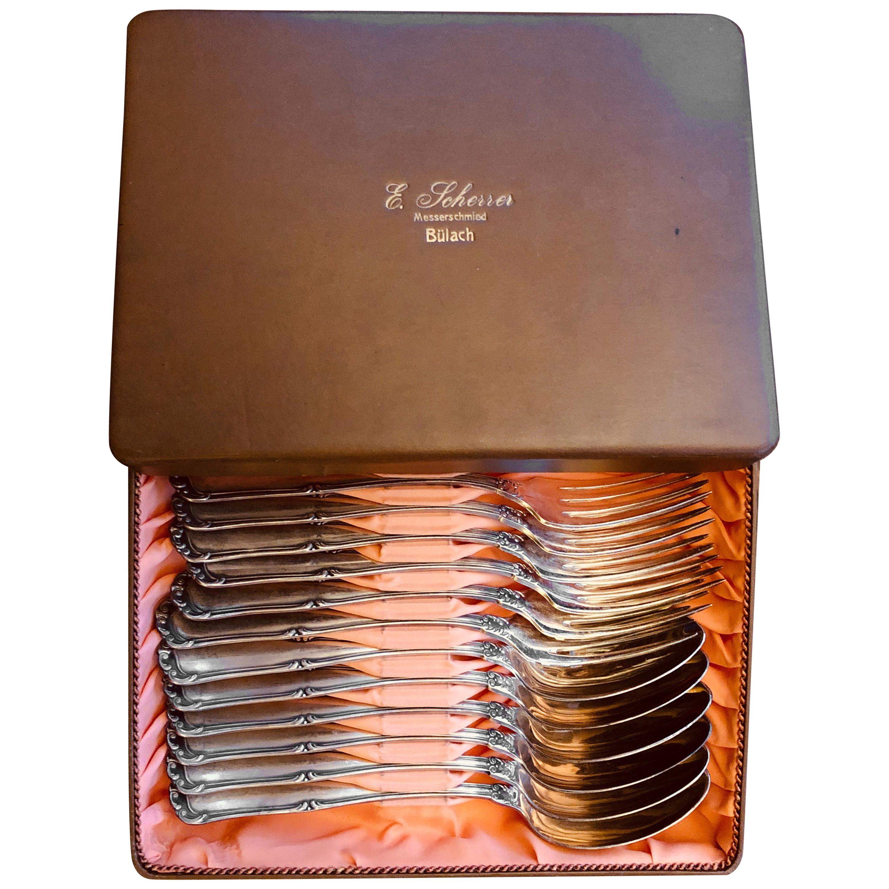E.Icherrer Messerschmied Bulach Flatware Silver Set of 12 Spoons Forks in a Box