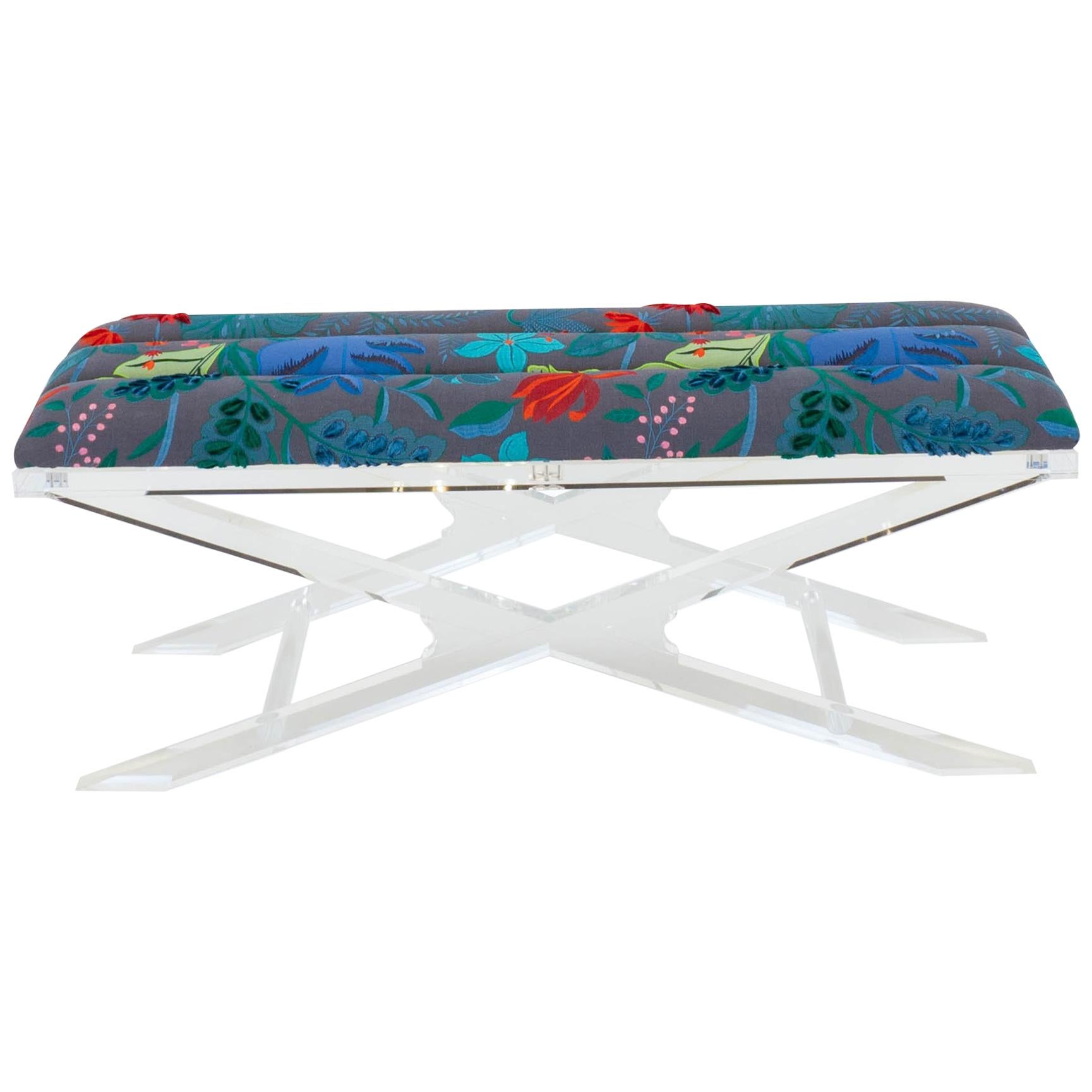 Accent Bench with Lucite Base and Channeled Cushion