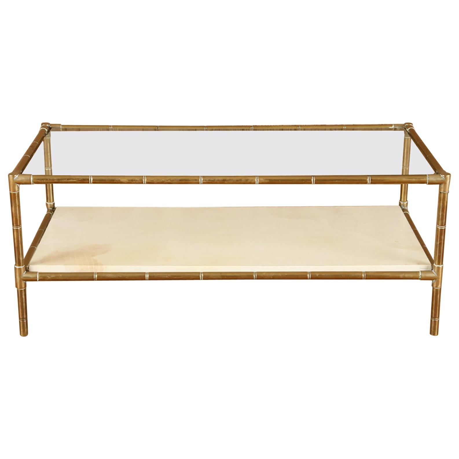 Brass Faux Bamboo Two-Tiered Coffee Table with Parchment Shelf