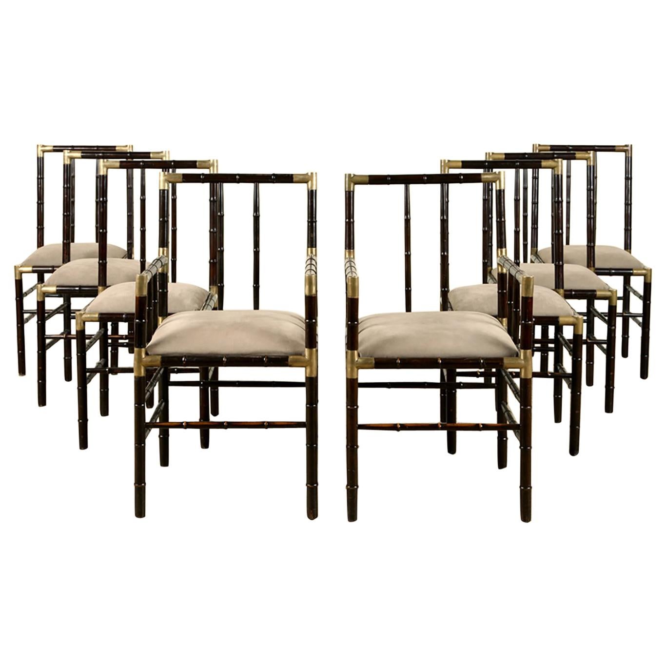 Set of 8 Faux-Bamboo and Brass Dining Chairs in the Billy Haines Manner