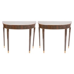 Pair of Art Deco Style Macassar Ebony Demilune Tables with Maple Tipped Feet