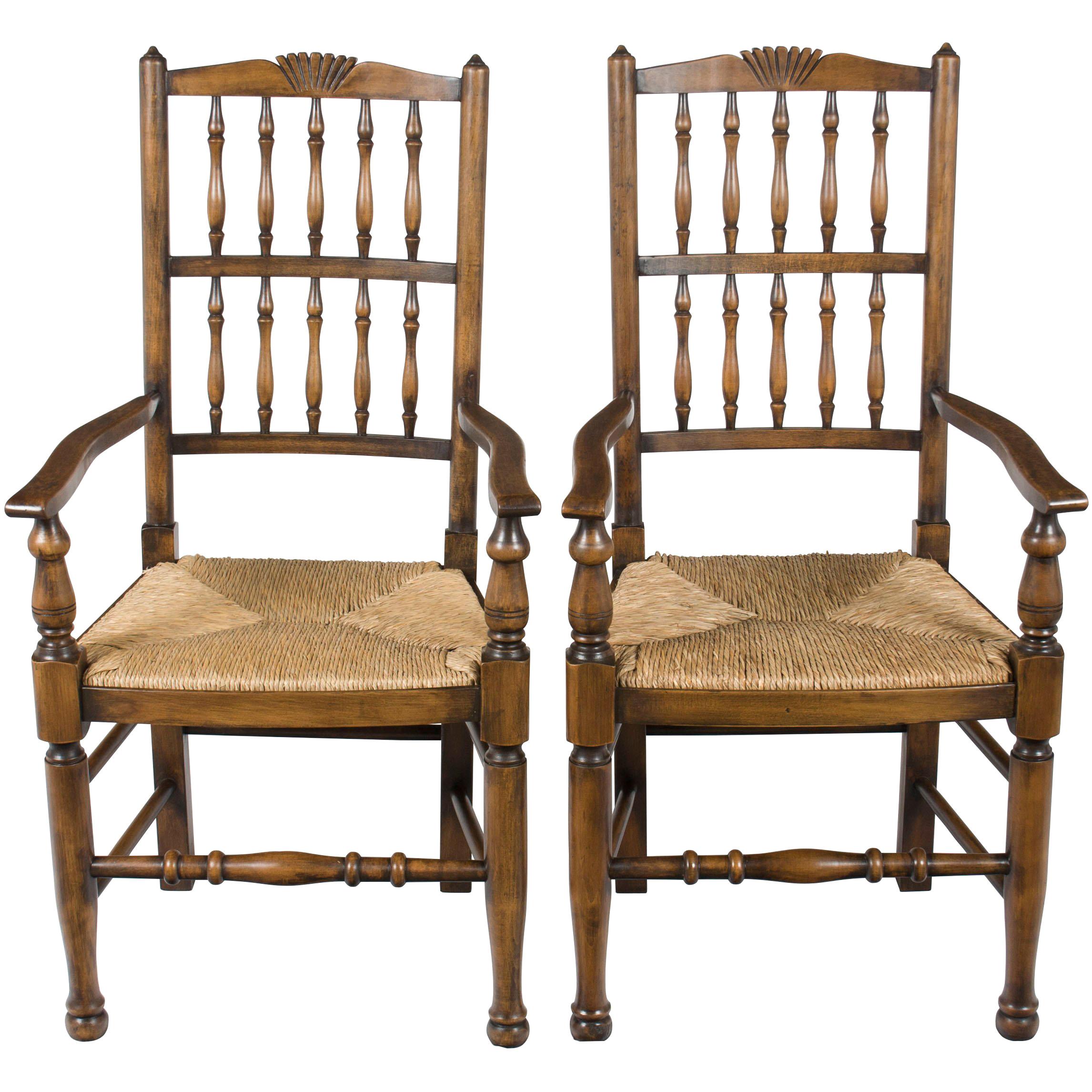 Pair of Cherry Rush Seat Country Spindle Back Dining Room Kitchen Armchairs For Sale
