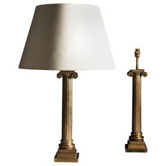 Pair of Late 19th Century English Brass Column Table Lamps with Ionic Capitols