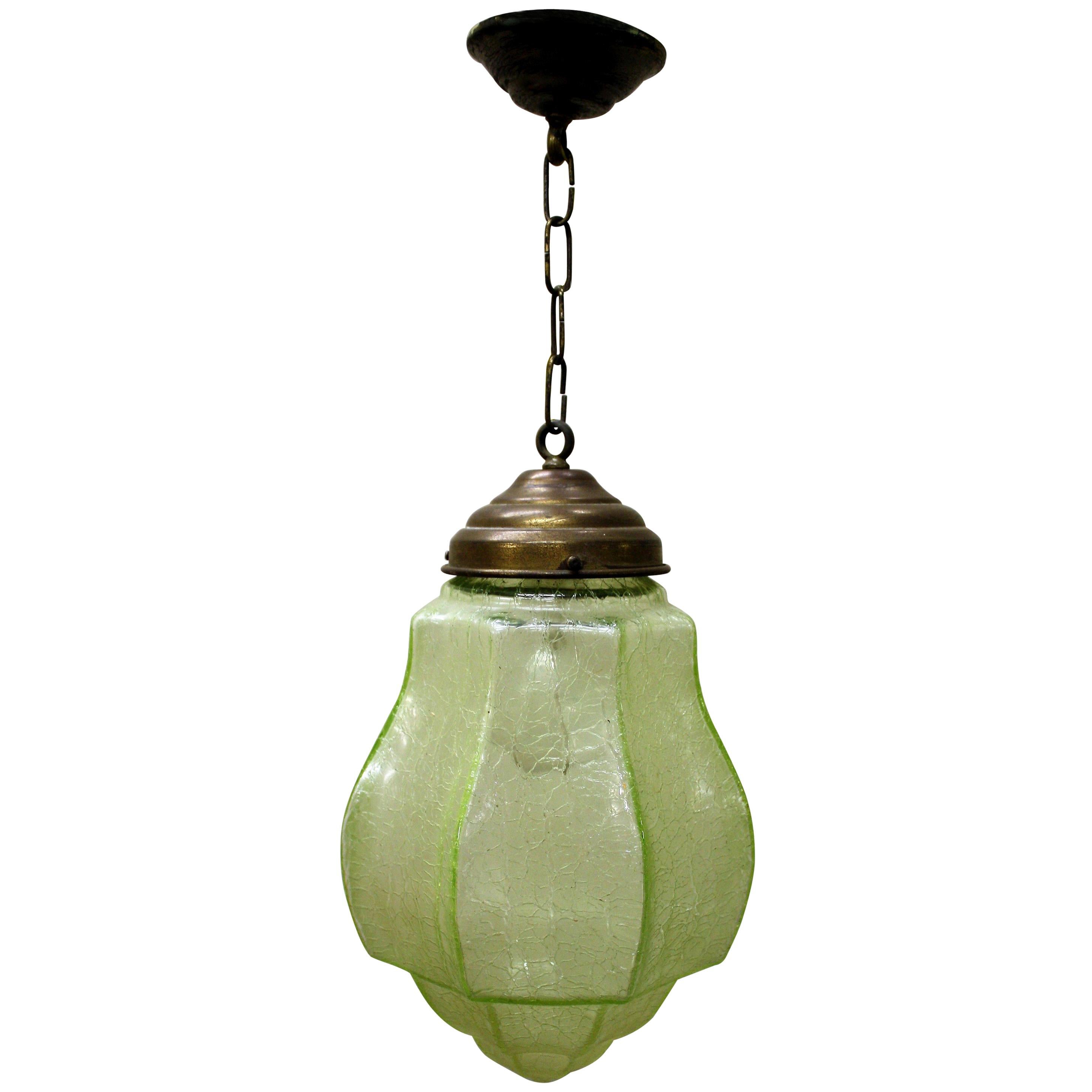 Green Art Deco Pendant Light with Crackle Glass, 1930s