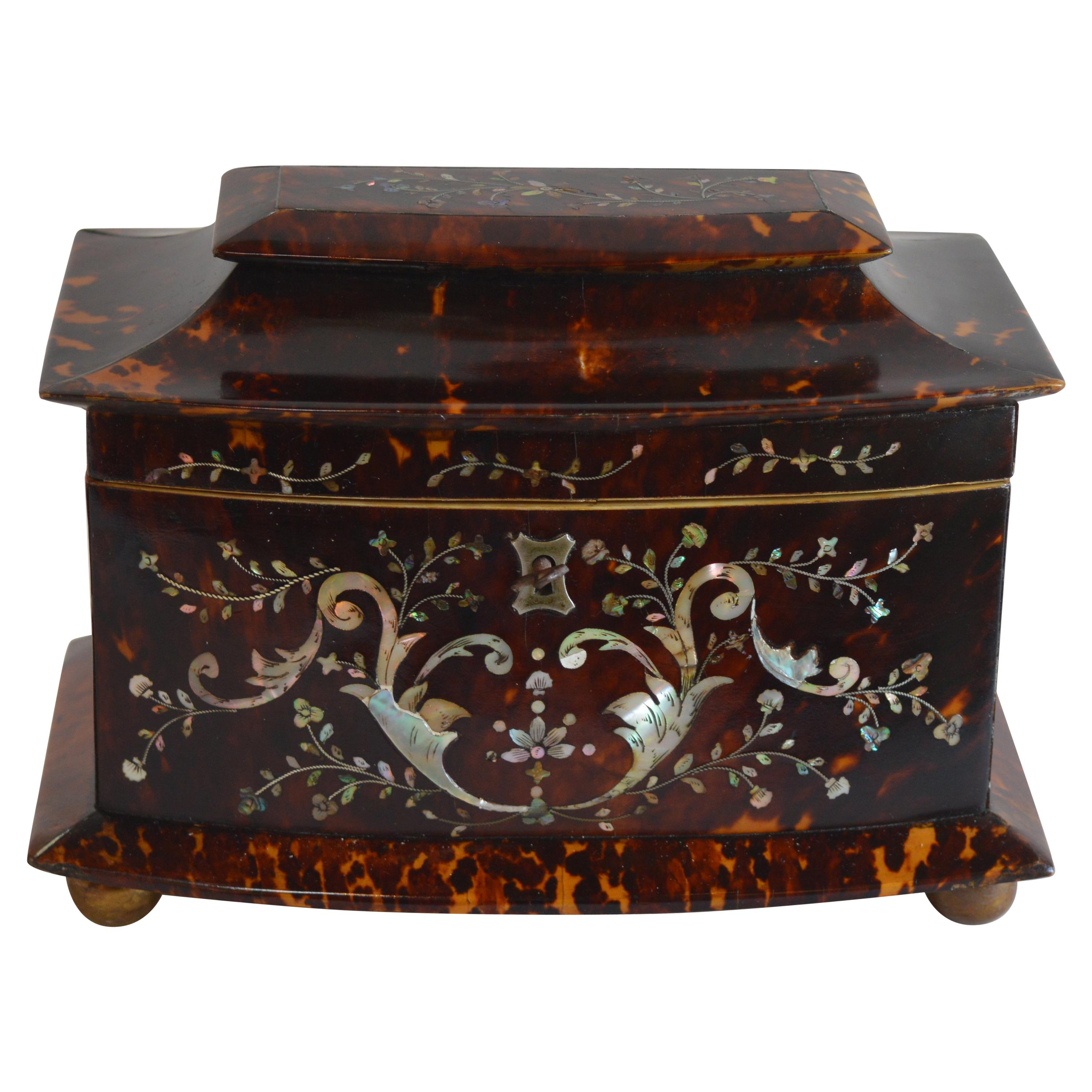 19th Century Tortoise Shell and Mother of Pearl Inlaid Tea Caddy