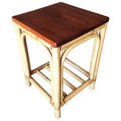 Vintage Restored Rattan Pre-WWII Square Side Table with Acacia Koa Wood Top