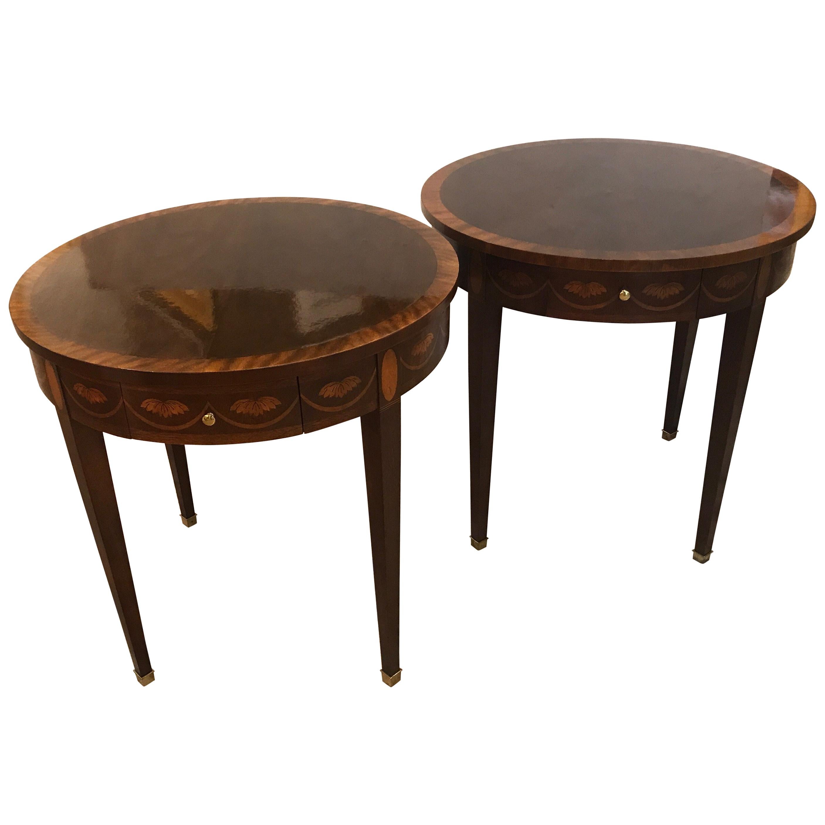 Pair of Round Flame Mahogany Inlaid Side Table by Baker Furniture