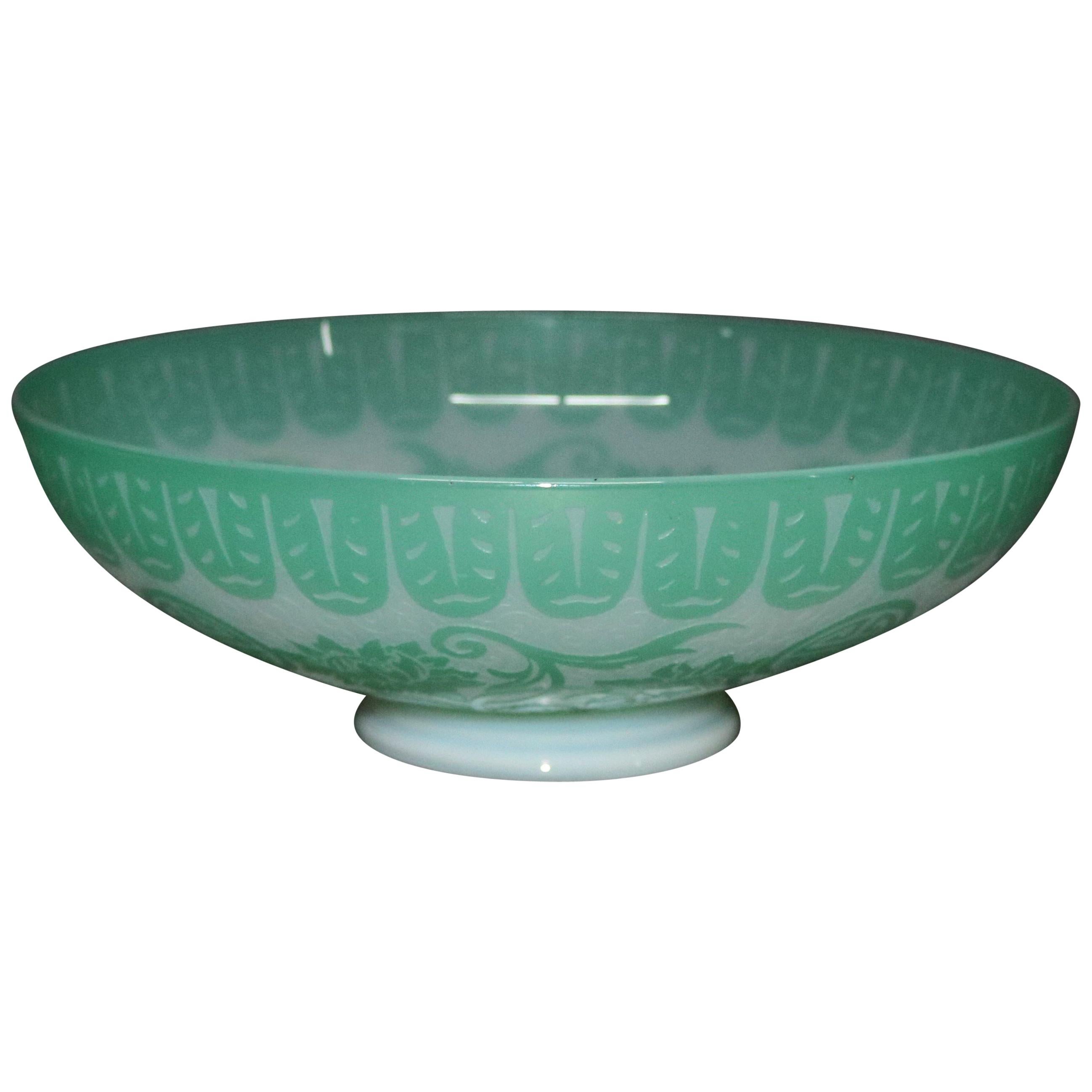 Antique Steuben Jade Green Cut Back Chinoiserie Center Bowl with Peonies