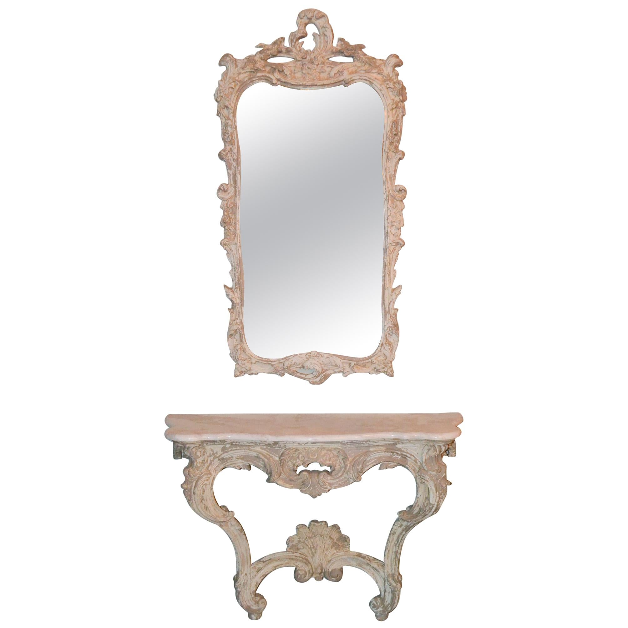 Italian Carved and Painted Wood Console and Mirror