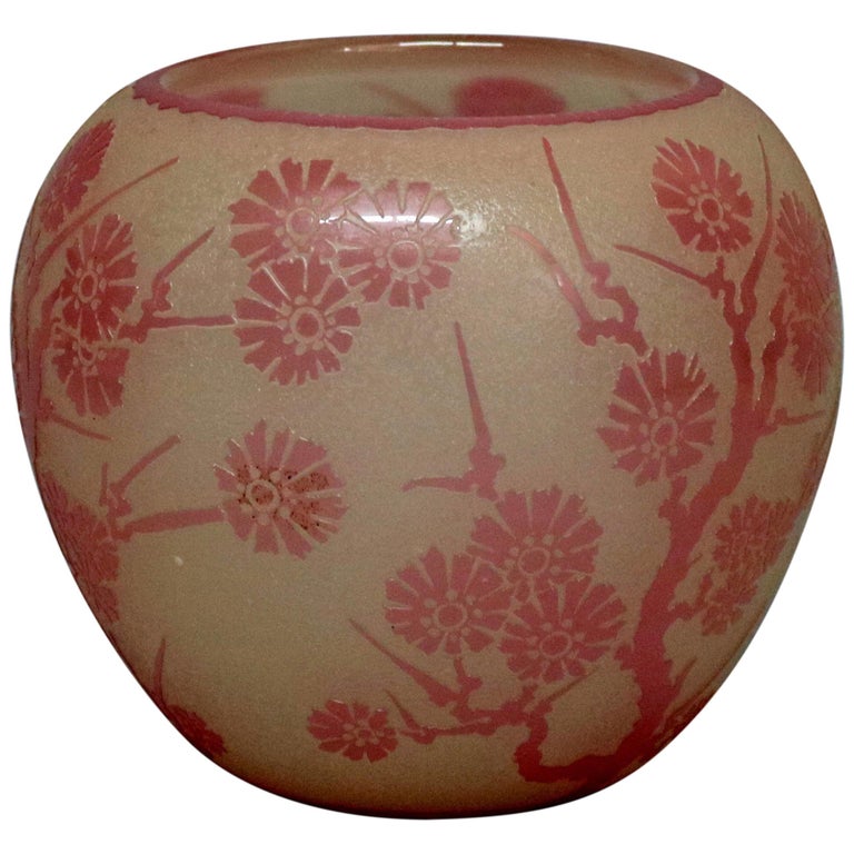 Antique Steuben Rosaline Cut Back Asian Style Floral Art Glass