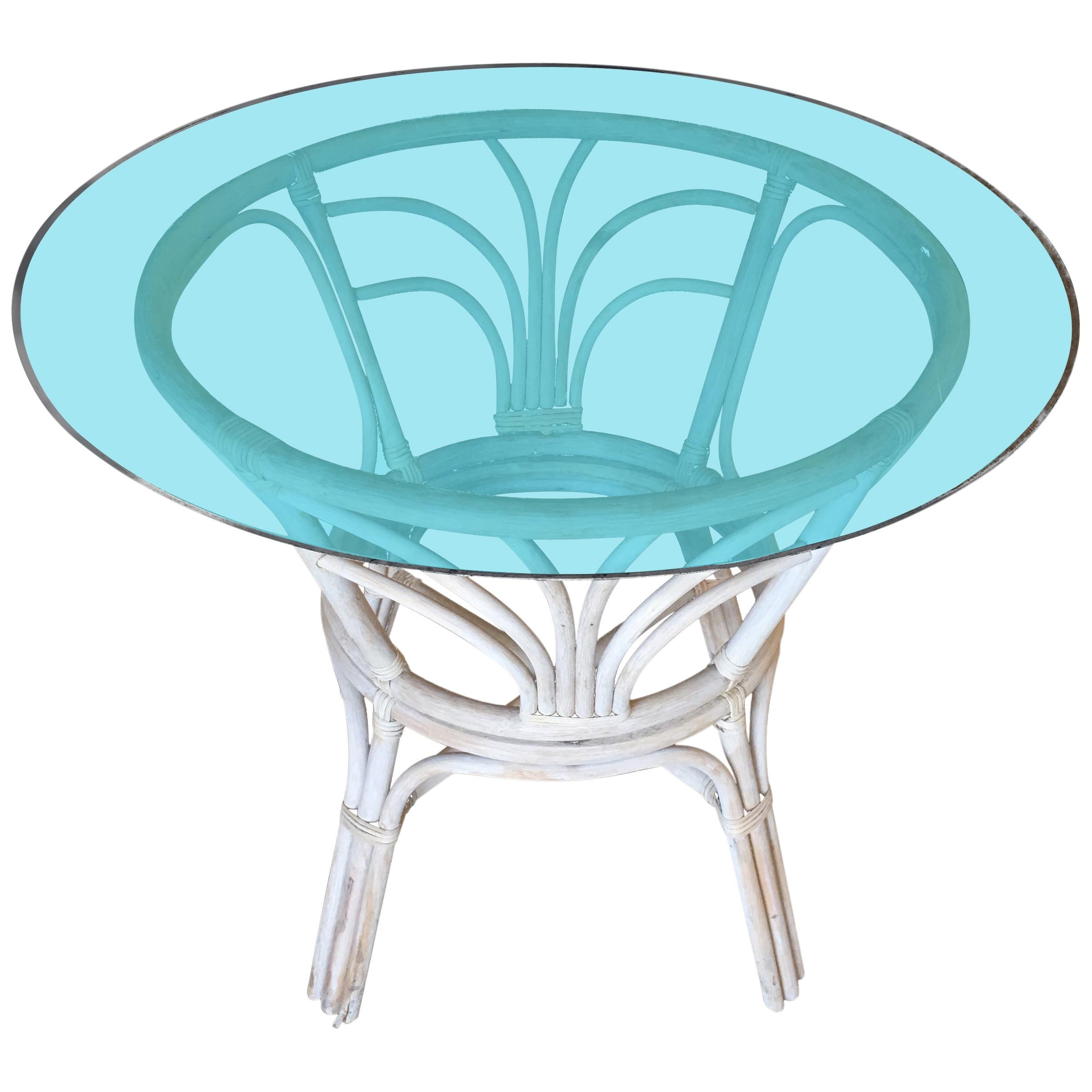 White Shabby Chic Rattan Round Glass Top Dining Table for Four People